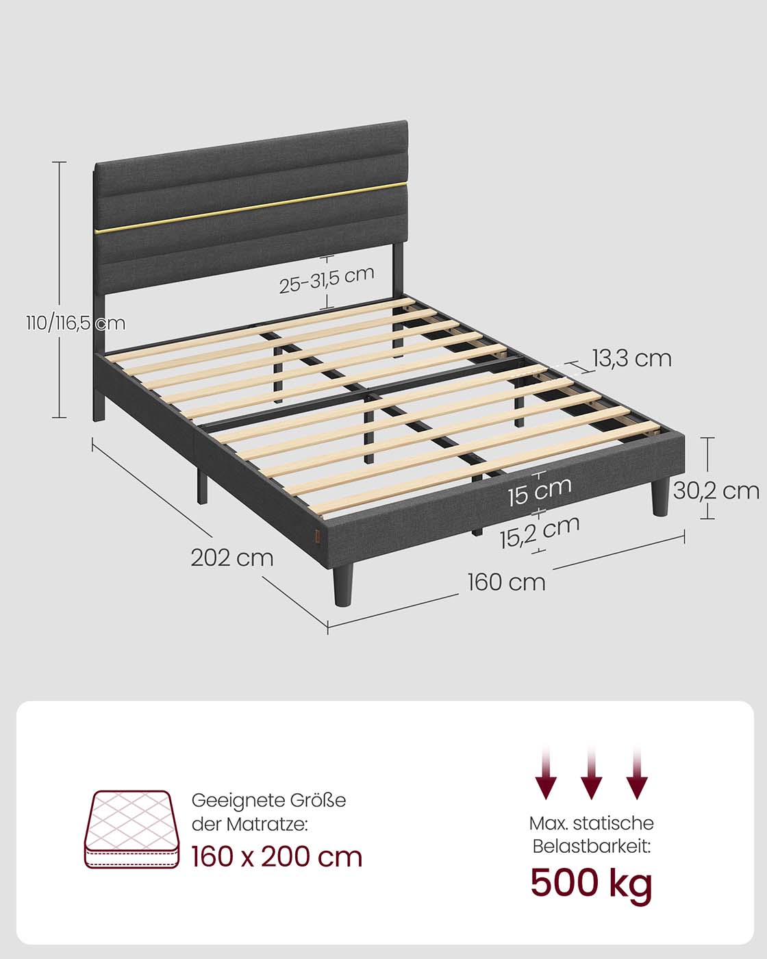 Divguļamās gultas rāmis 140 x 190 cm matracim, regulējams galvgalis, šīfera pelēks - Image 7