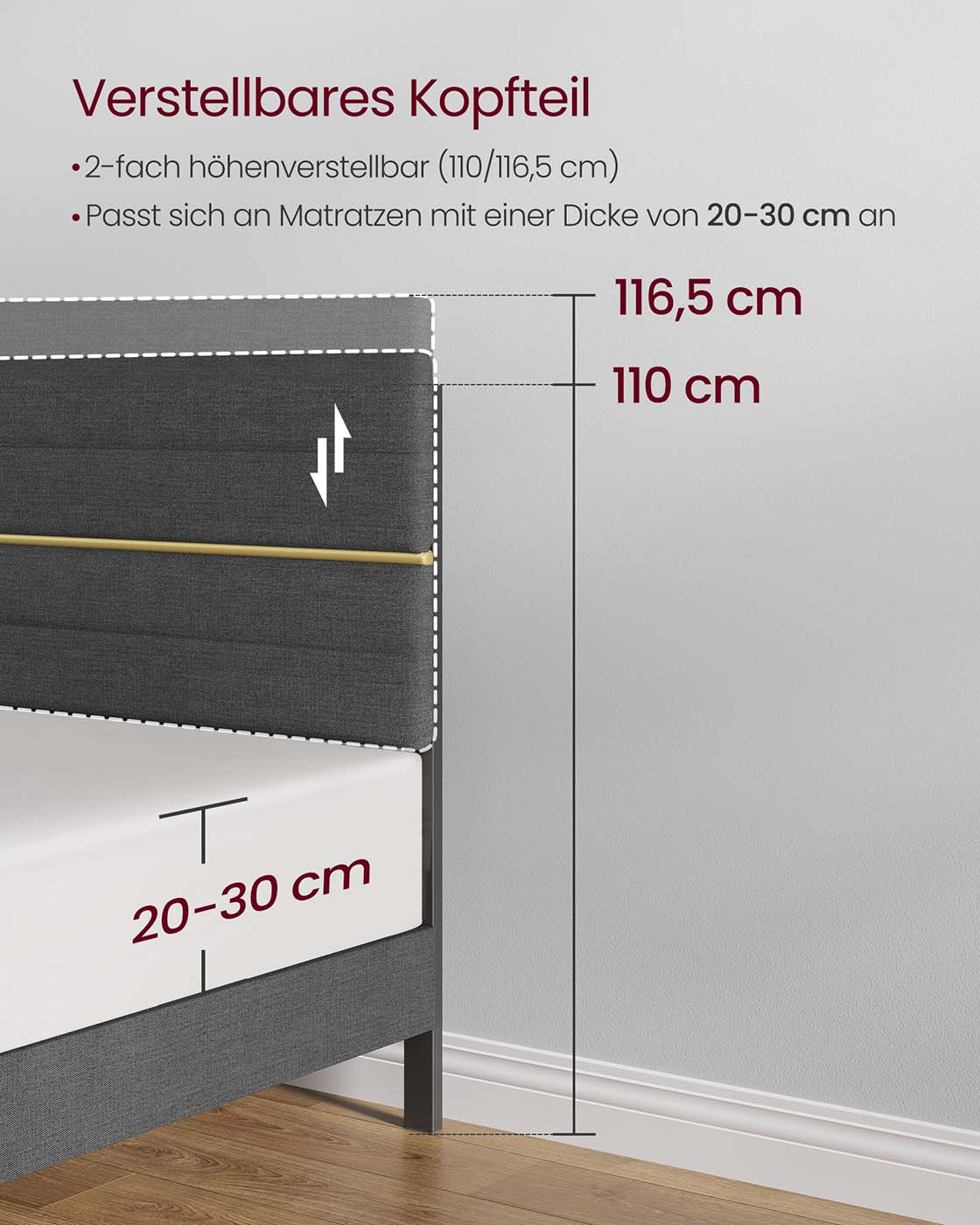 Divguļamās gultas rāmis 140 x 190 cm matracim, regulējams galvgalis, šīfera pelēks - Image 6