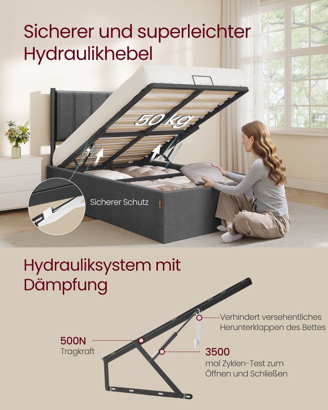 Sängynrunko päädyllä 209,3 x 93,4 x 110 cm, säilytystilalla, tummanharmaa - Image 3