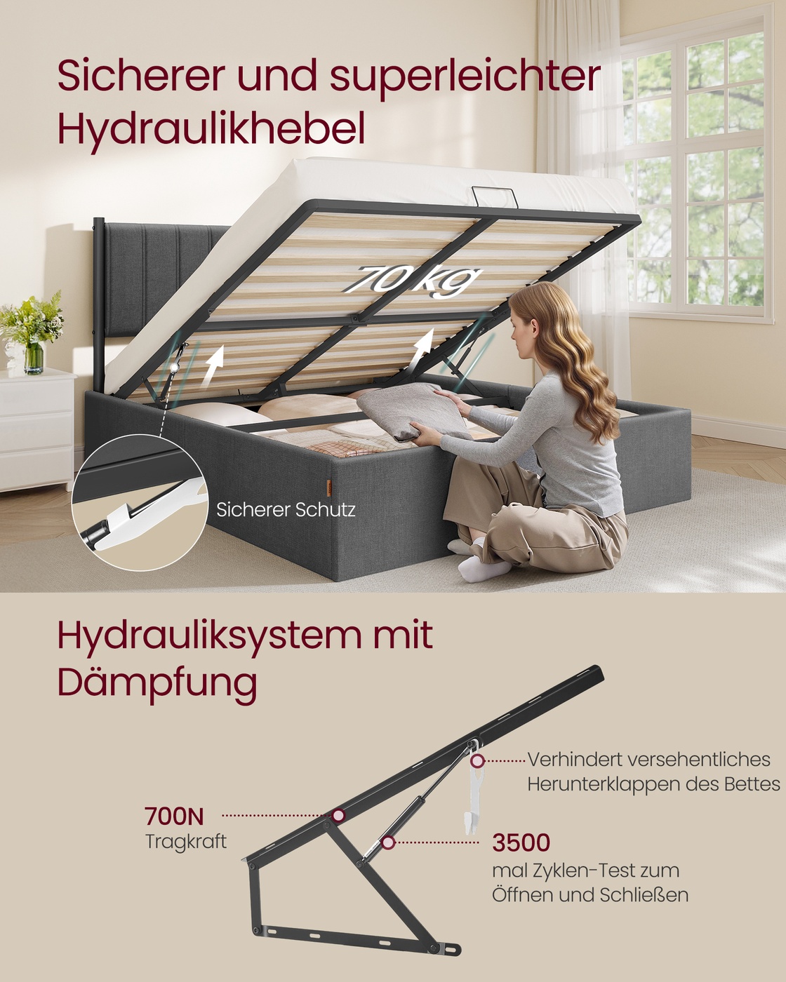 Sänkyrunko 160 x 200 cm nostettavalla sälepohjalla ja vuodevaatelaatikolla, tummanharmaa - Image 3