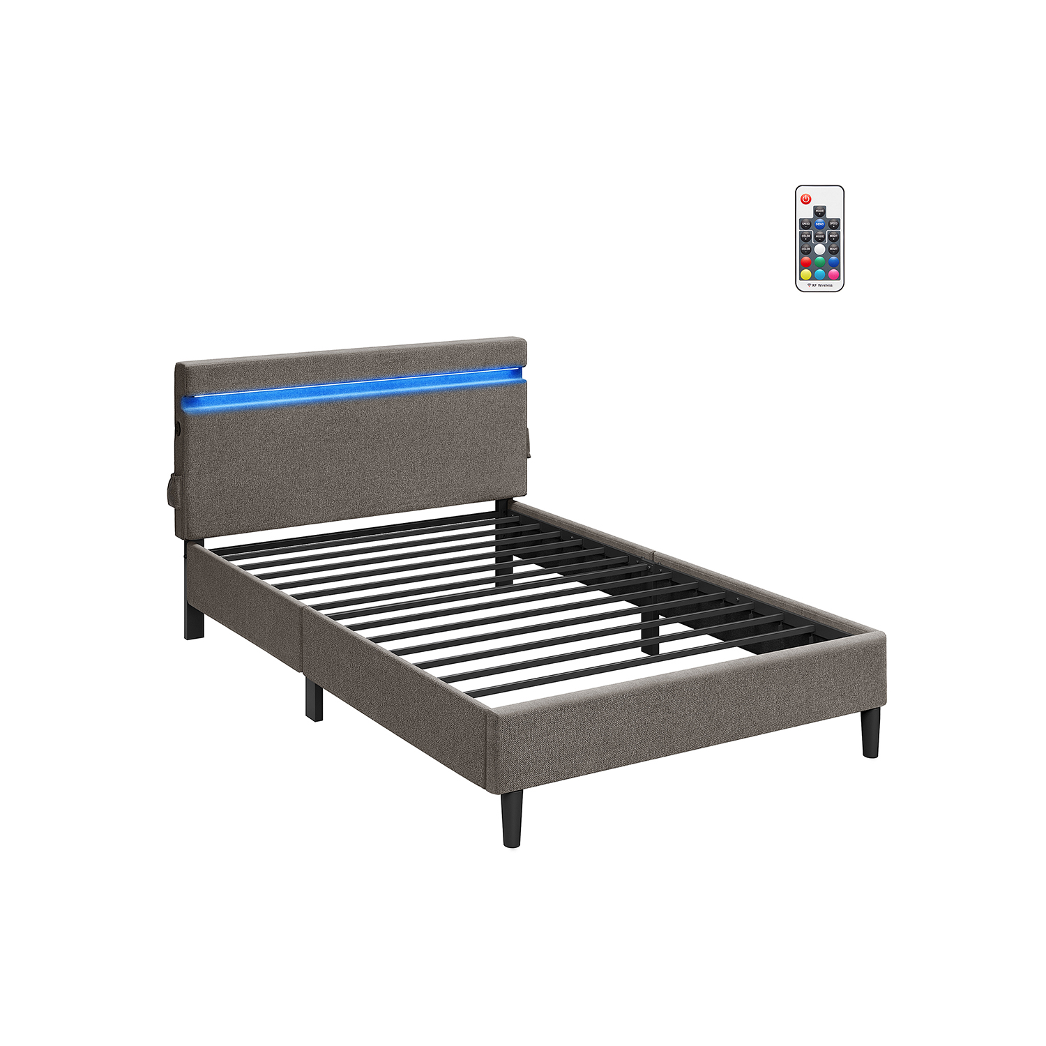 Metallist kaheinimese voodiraam 140 x 190 cm, tumehall, peatsiga ja LED-valgustusega