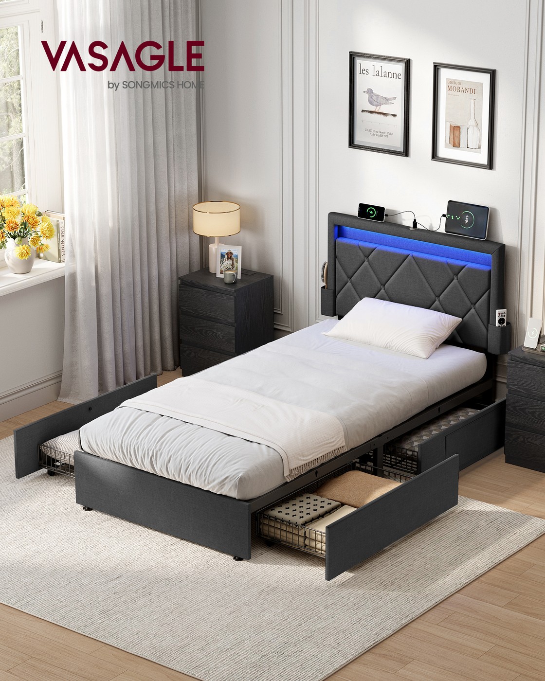Gultas rāmis ar LED apgaismojumu, 4 atvilktnēm un regulējamu galvgali, 210,2 x 95 x 88,2/94,7 cm - Image 2