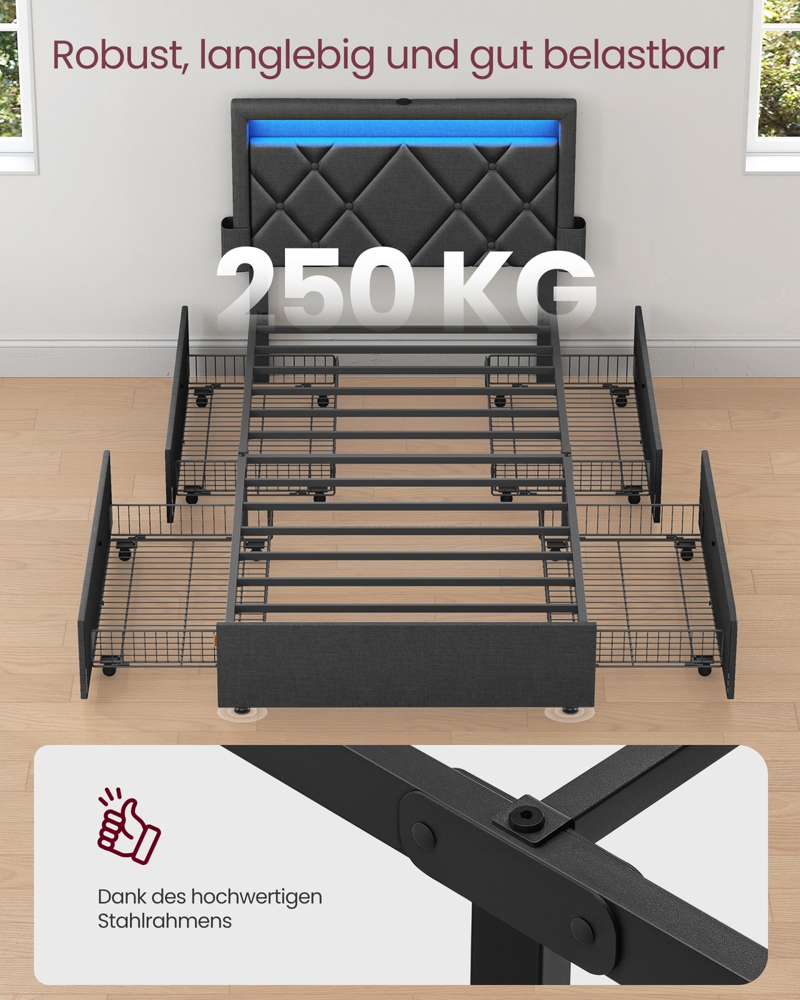 Gultas rāmis ar LED apgaismojumu, 4 atvilktnēm un regulējamu galvgali, 210,2 x 95 x 88,2/94,7 cm - Image 6