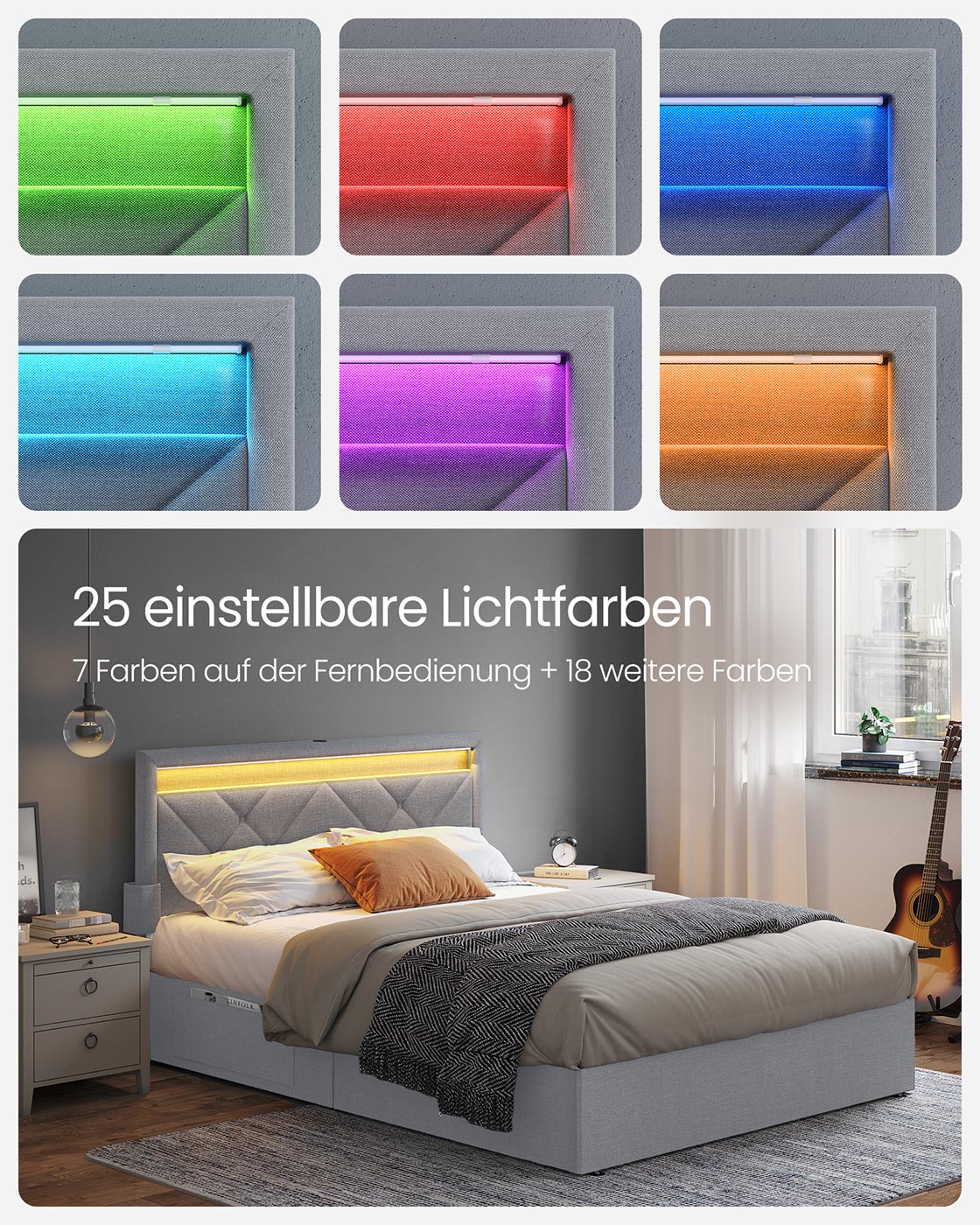 Dvivietės lovos rėmas 140 x 200 cm su LED, įkrovimo stotele, šviesiai pilkas, juodas - Image 2
