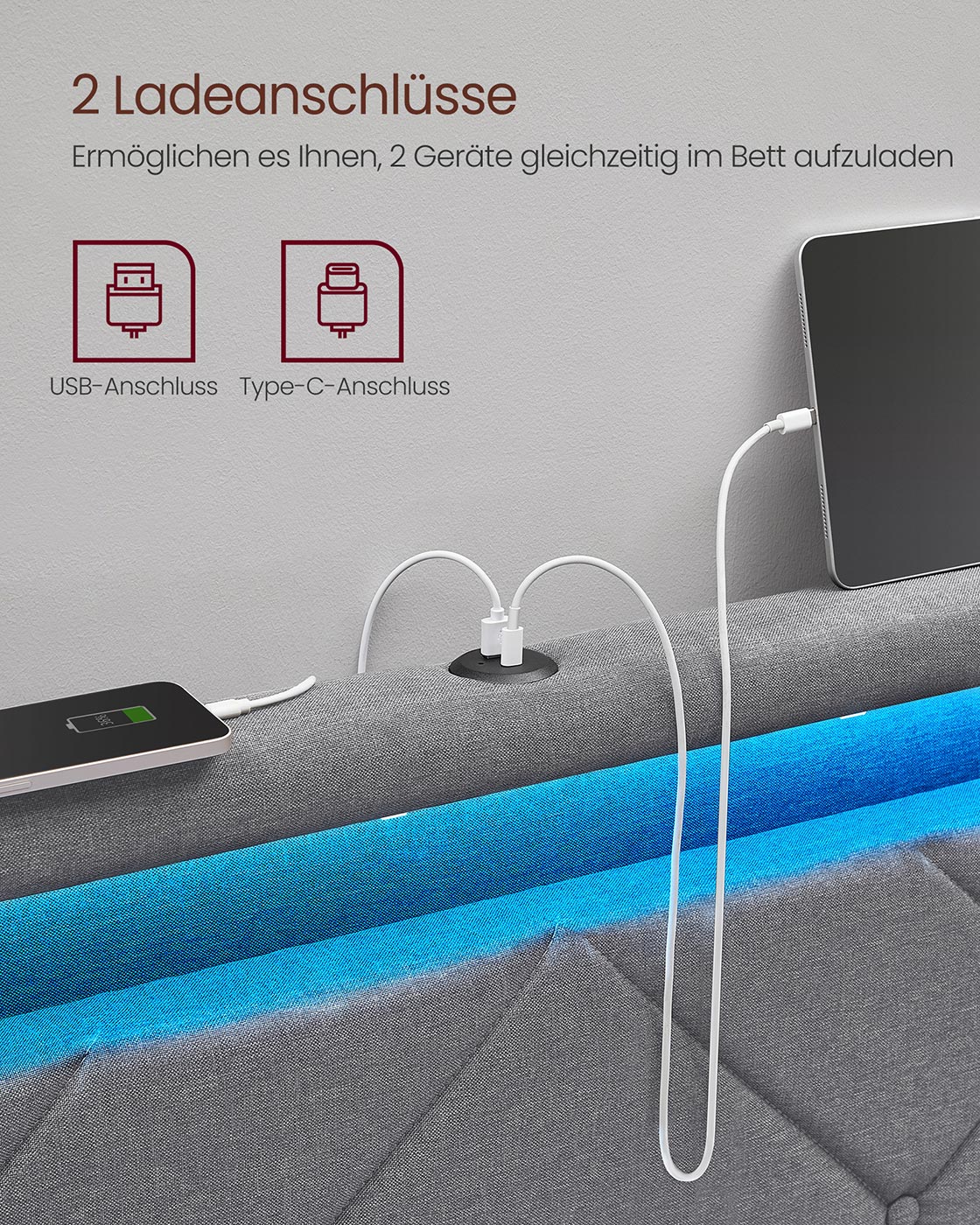 Dvivietės lovos rėmas 140 x 200 cm su LED, įkrovimo stotele, šviesiai pilkas, juodas - Image 3
