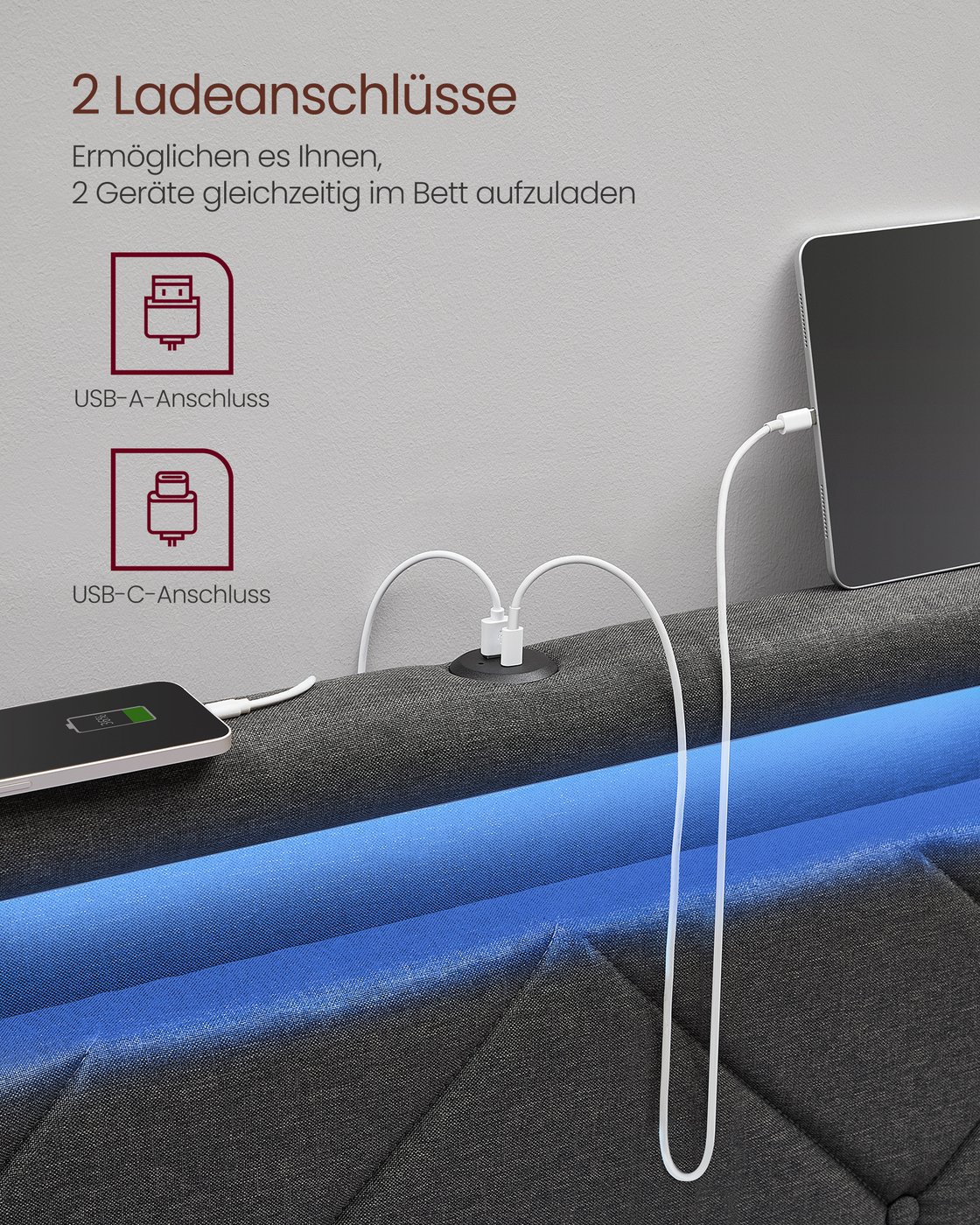 Divguļamās gultas rāmis 140 x 200 cm ar LED, uzlādes staciju, tērauda, pelēki melns - Image 3