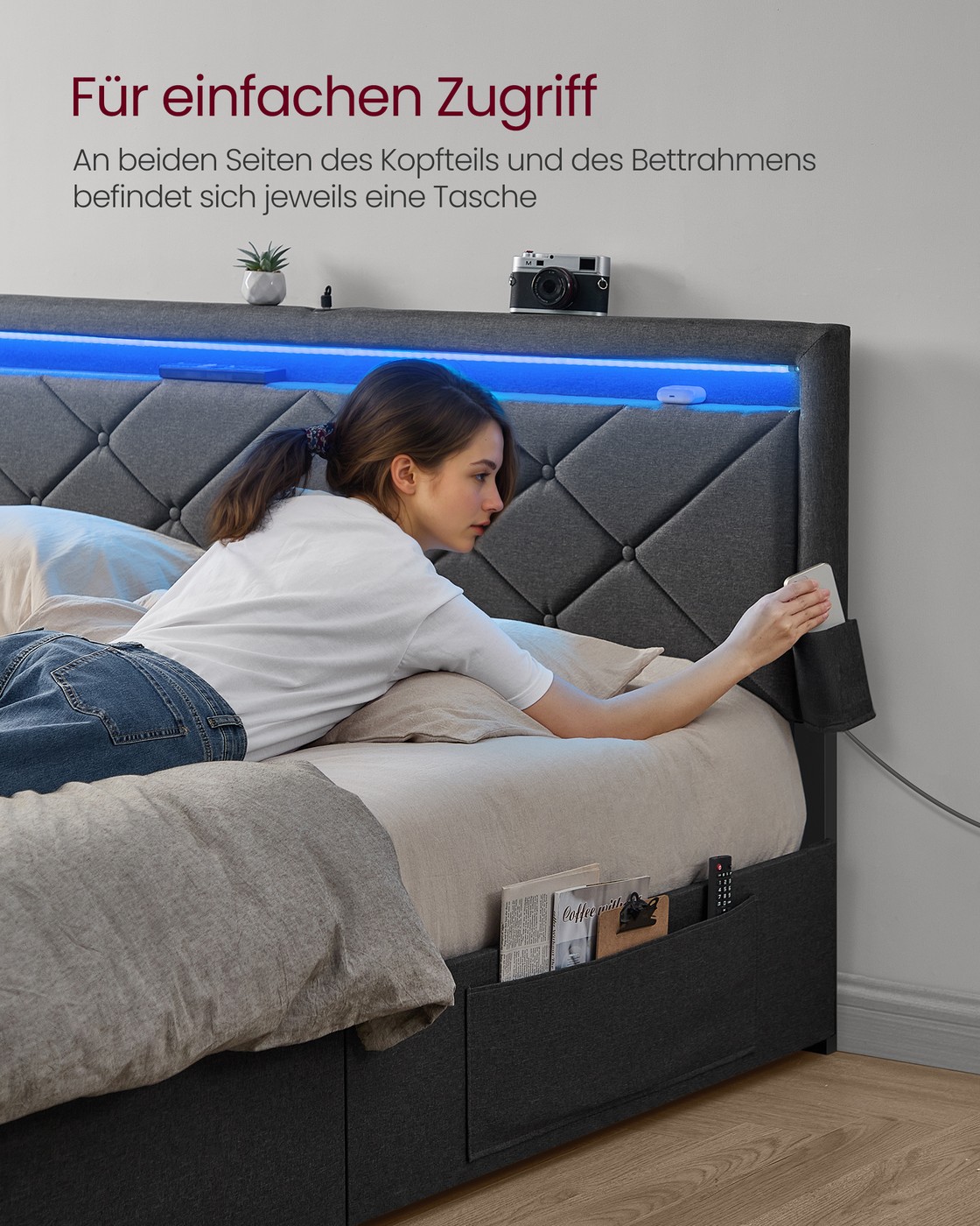 Divguļamās gultas rāmis 140 x 200 cm ar LED, uzlādes staciju, tērauda, pelēki melns - Image 5