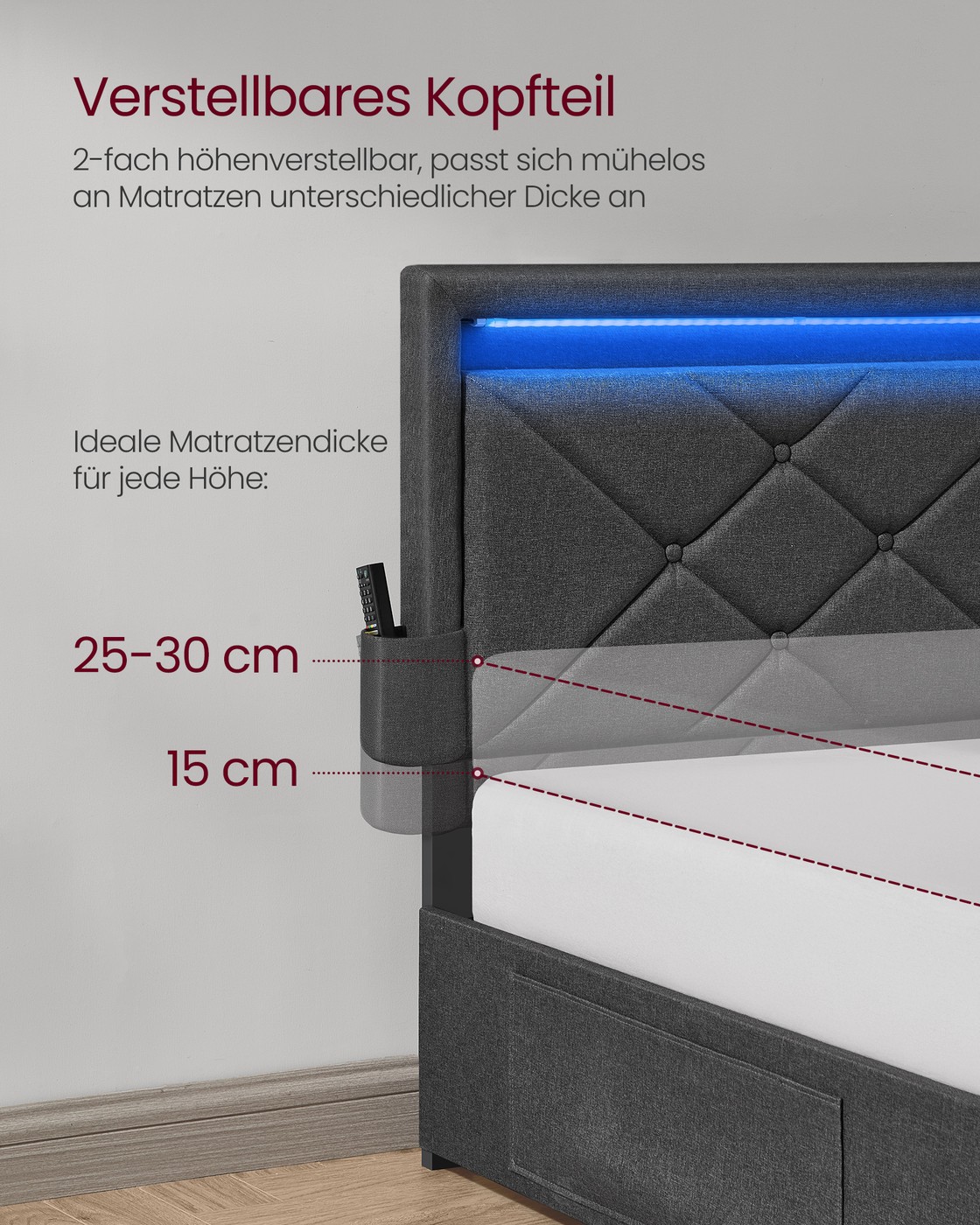 Divguļamās gultas rāmis 140 x 200 cm ar LED, uzlādes staciju, tērauda, pelēki melns - Image 6
