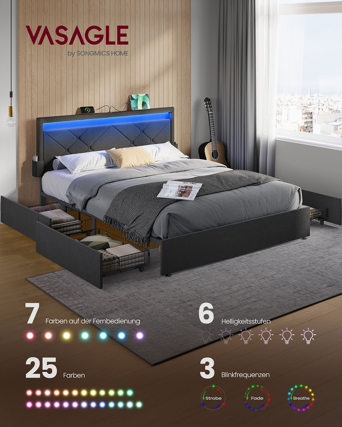 Divguļamās gultas rāmis 160 x 200 cm ar LED, 4 atvilktnēm un uzlādes staciju - Image 2
