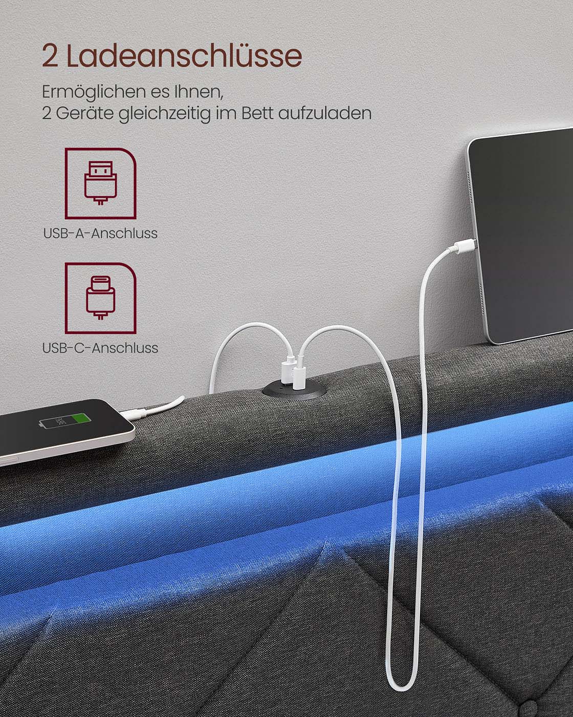 Divguļamās gultas rāmis 160 x 200 cm ar LED, 4 atvilktnēm un uzlādes staciju - Image 3