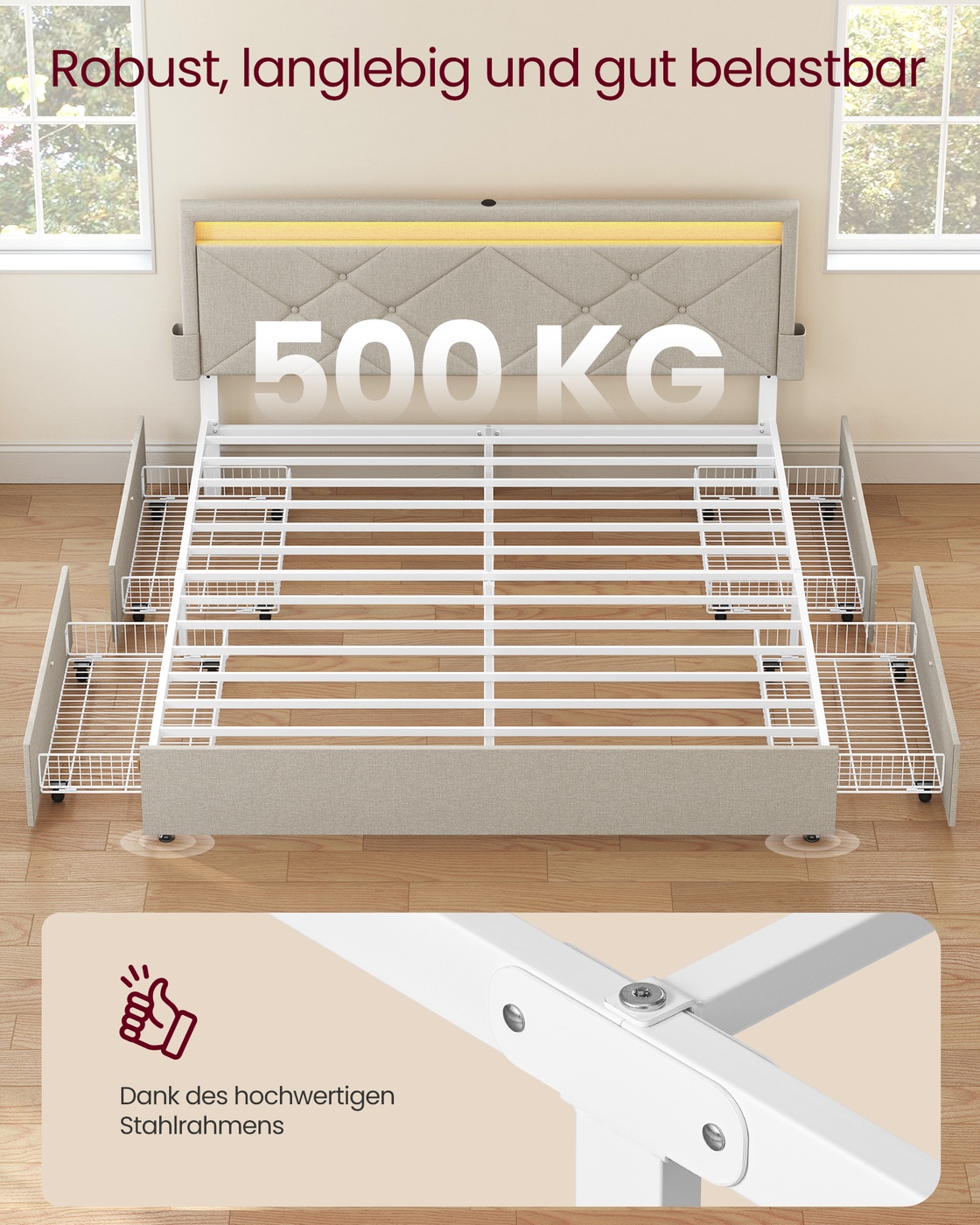 Sängynrunko 160 x 200 cm LED-valaistuksella, 4 laatikolla ja säädettävällä päädyllä - Image 6