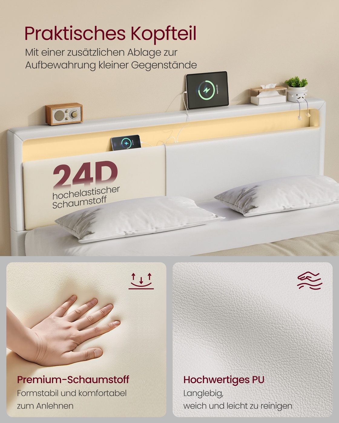 Divguļamās gultas rāmis 140 x 200 cm ar LED apgaismojumu un uzlādes staciju, balts - Image 5