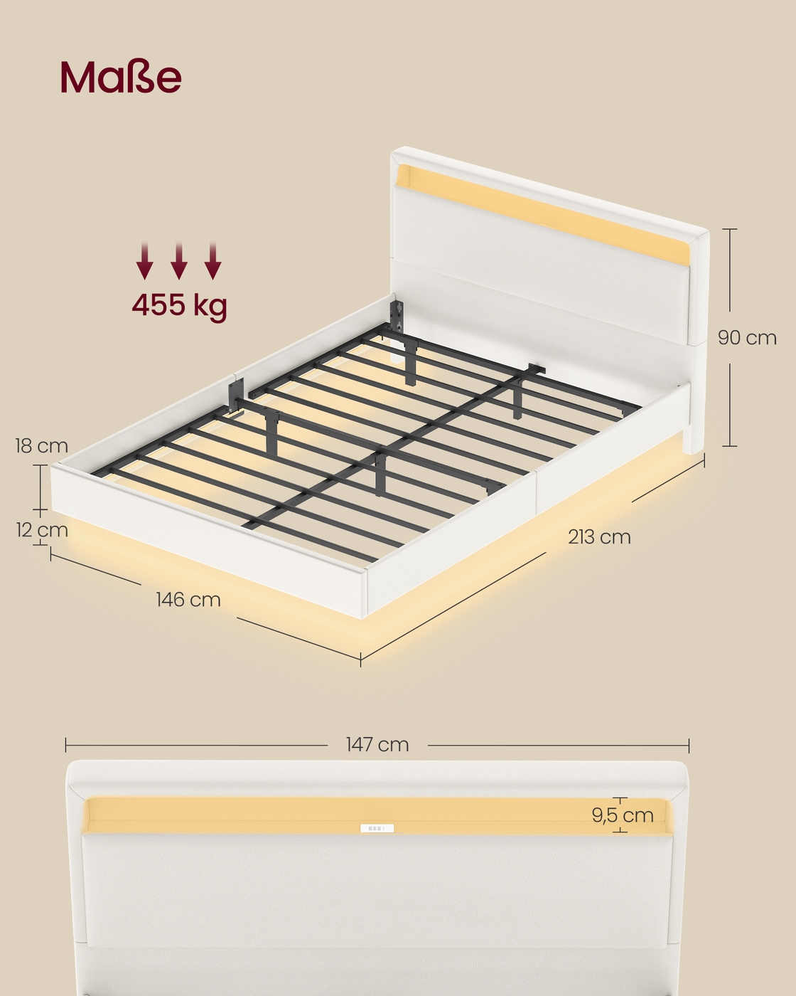 Divguļamās gultas rāmis 140 x 200 cm ar LED apgaismojumu un uzlādes staciju, balts - Image 6