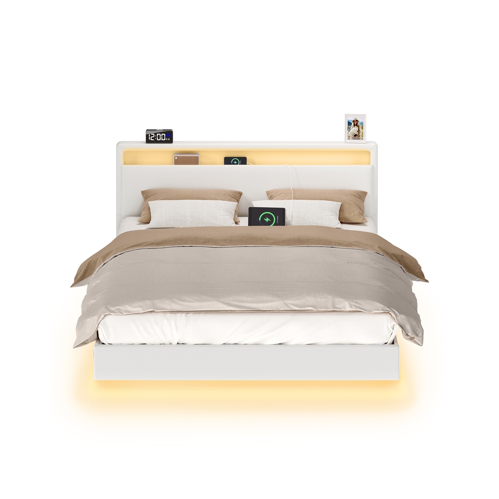 Voodiraam LED-valgustuse ja laadimisjaamaga, 213 x 167 x 90 cm, valge
