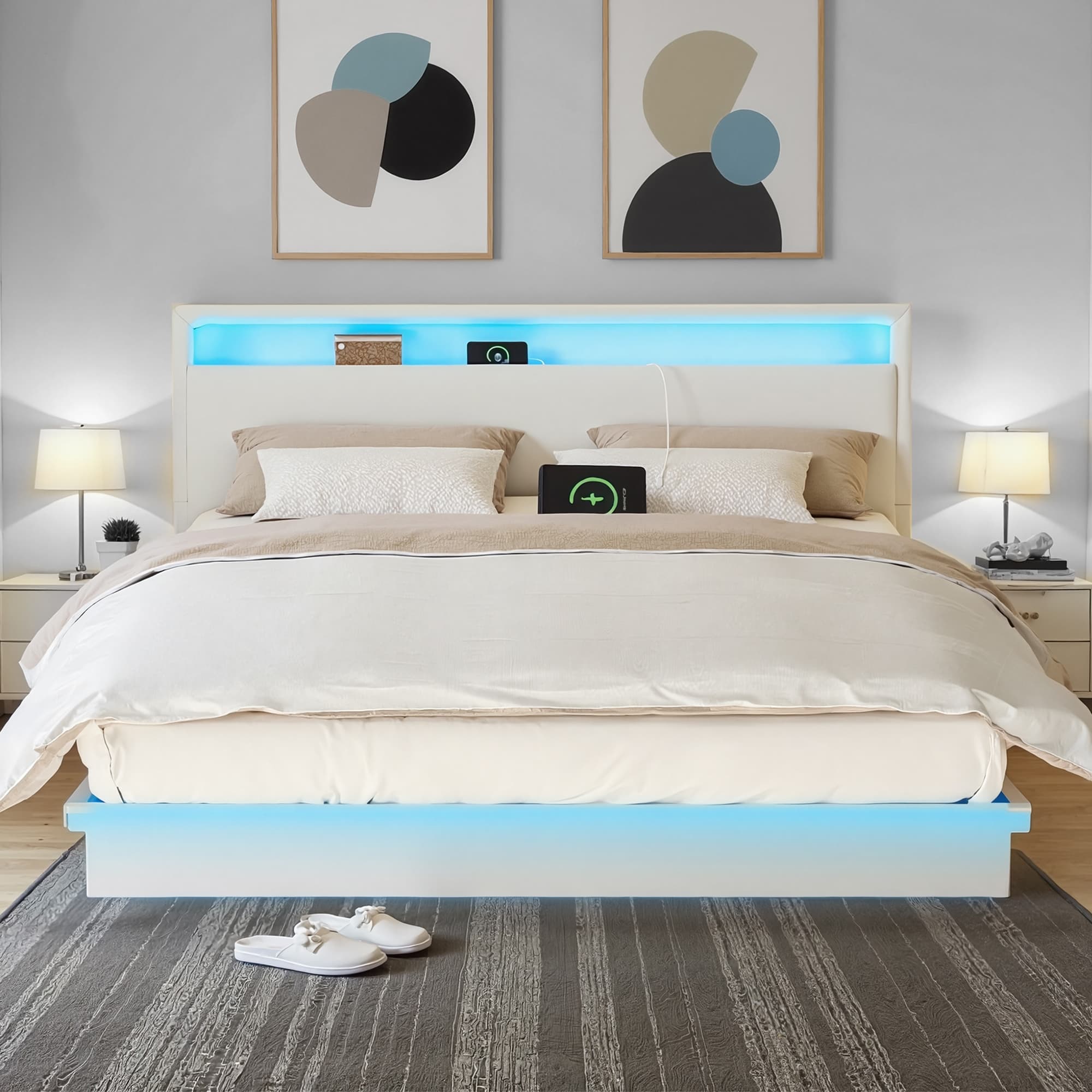 Voodiraam 160 x 200 cm LED-valgustuse ja laadimisjaamaga, valge