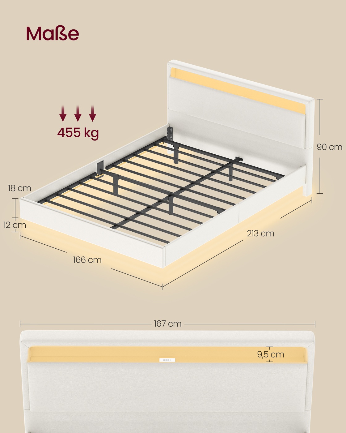 Lovos rėmas su LED apšvietimu ir įkrovimo stotele, 213 x 167 x 90 cm, baltas - Image 6