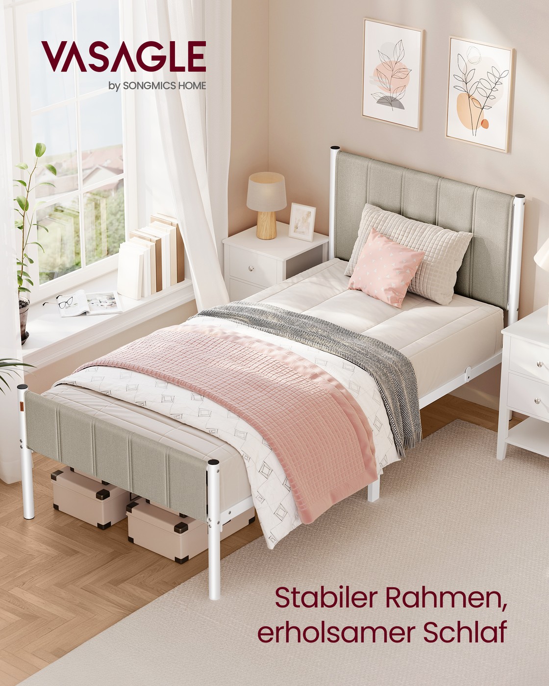 Vienvietīgas gultas rāmis 90 x 200 cm ar tērauda līstēm, cappuccino bēšā krāsā - Image 2