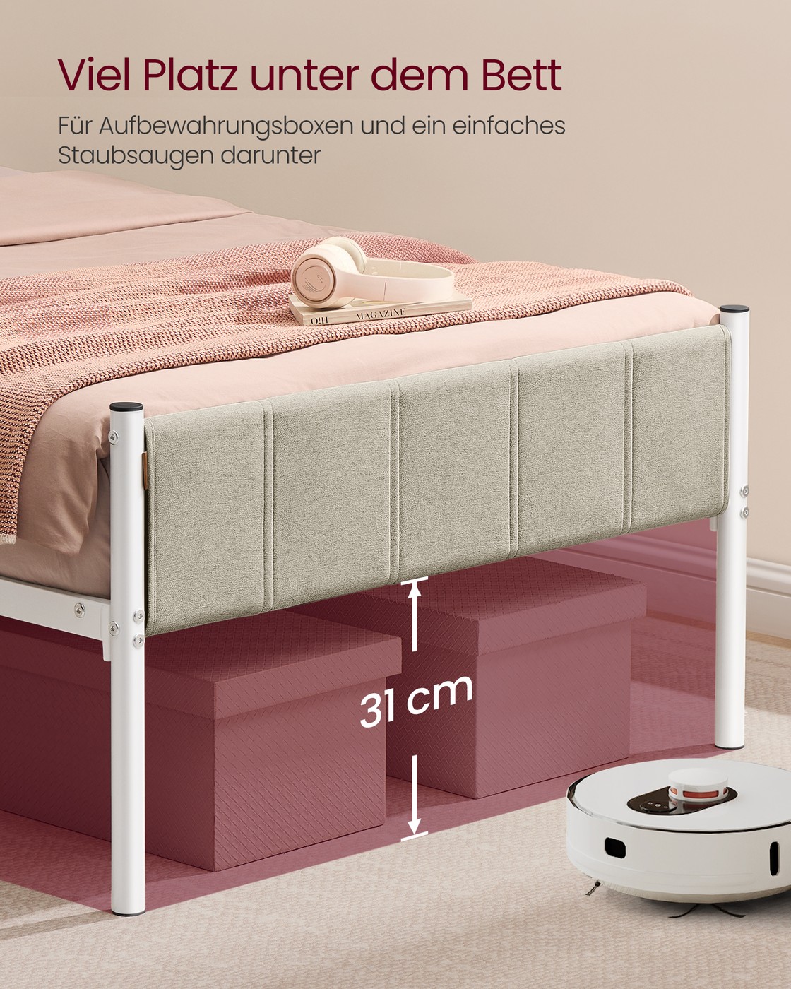 Vienvietīgas gultas rāmis 90 x 200 cm ar tērauda līstēm, cappuccino bēšā krāsā - Image 7