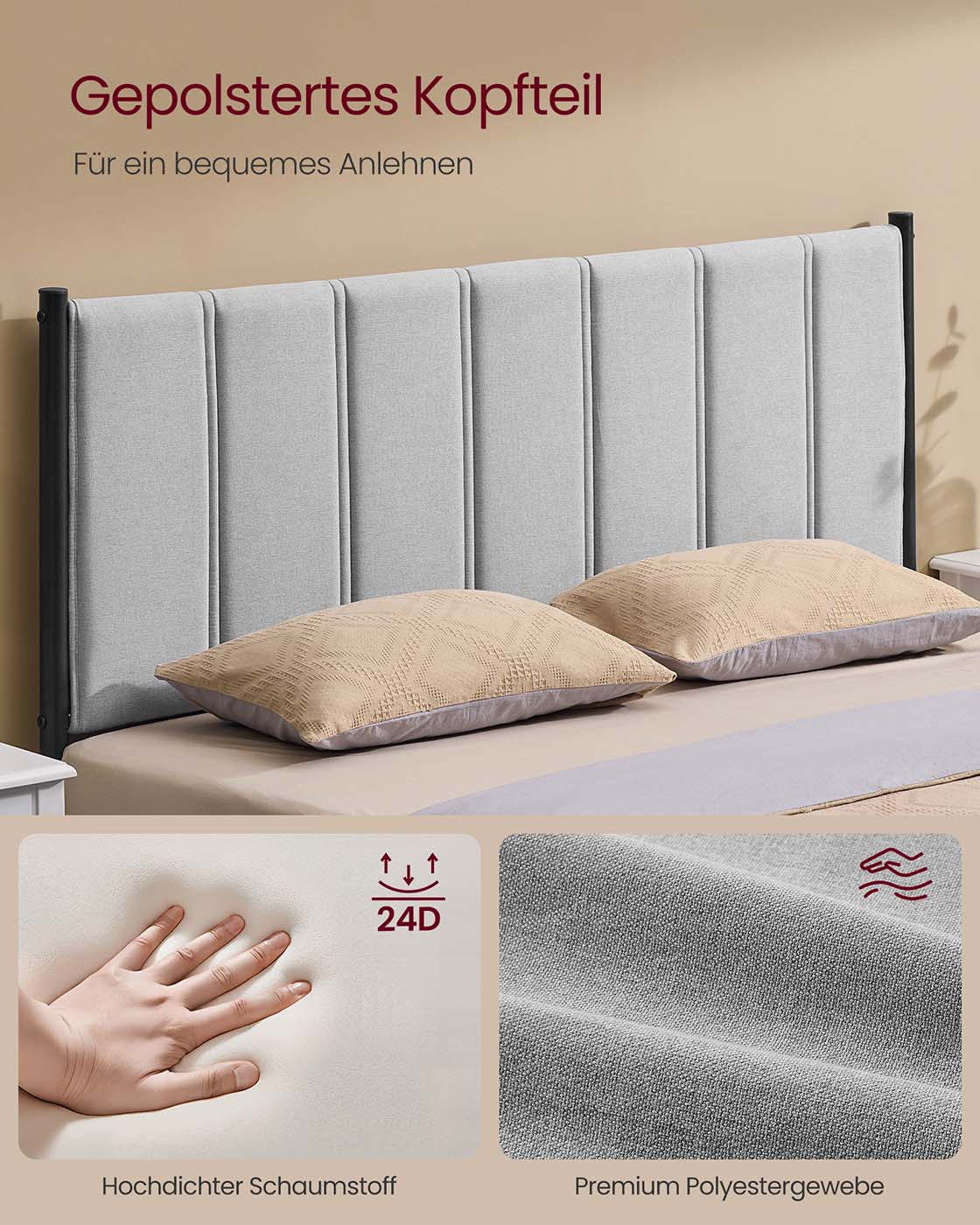 Divguļamās gultas rāmis 140 x 200 cm ar tērauda līstēm, polsterētu galvgali, baložpelēks - Image 3