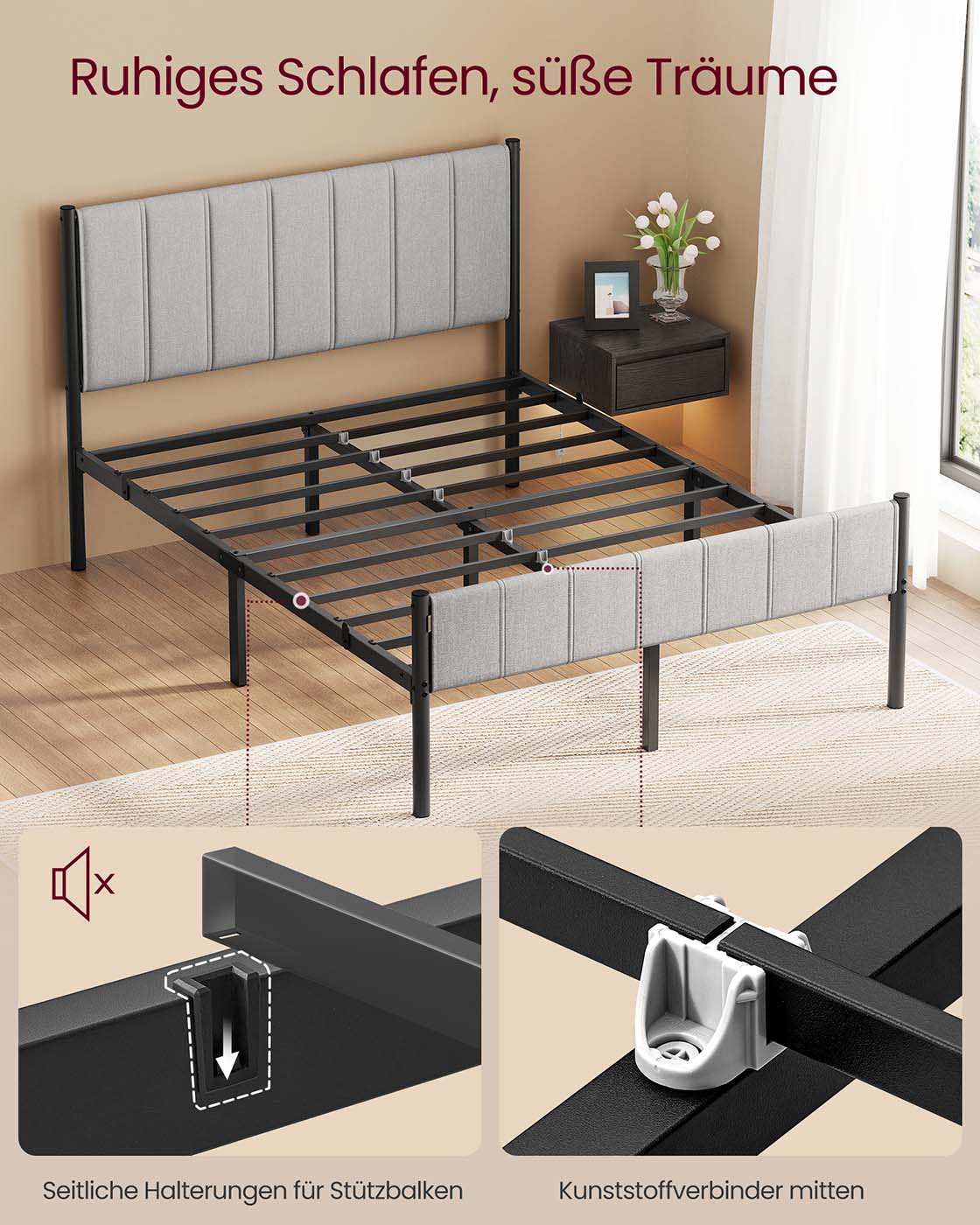 Divguļamās gultas rāmis 140 x 200 cm ar tērauda līstēm, polsterētu galvgali, baložpelēks - Image 5