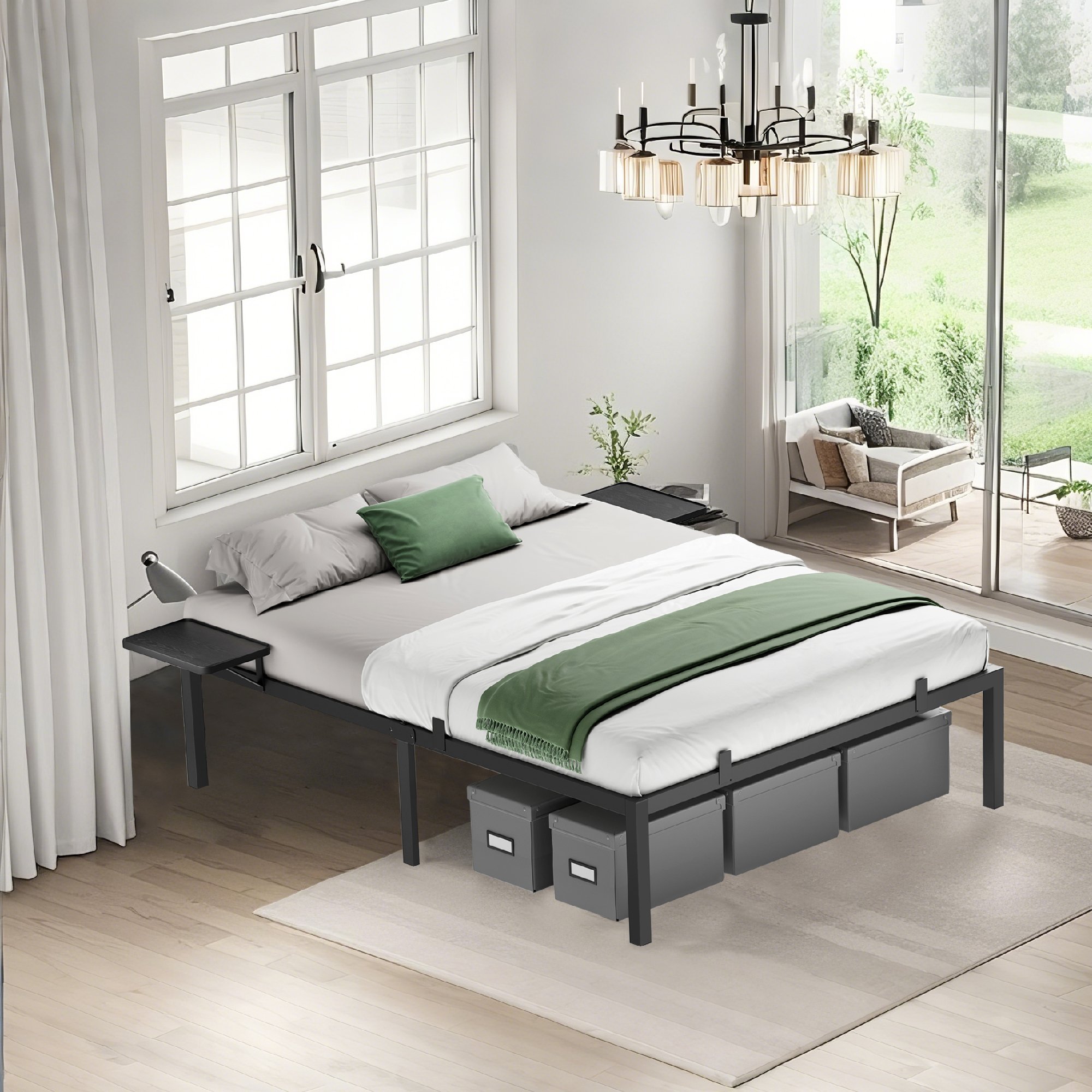 Voodi raam 160 x 200 cm, metallist, hoiuriiulitega, must
