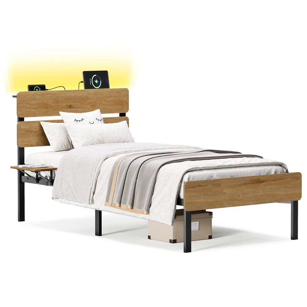 Viengulės lovos rėmas 90 x 200 cm, plieninis, rudas, su LED apšvietimu - Image 2