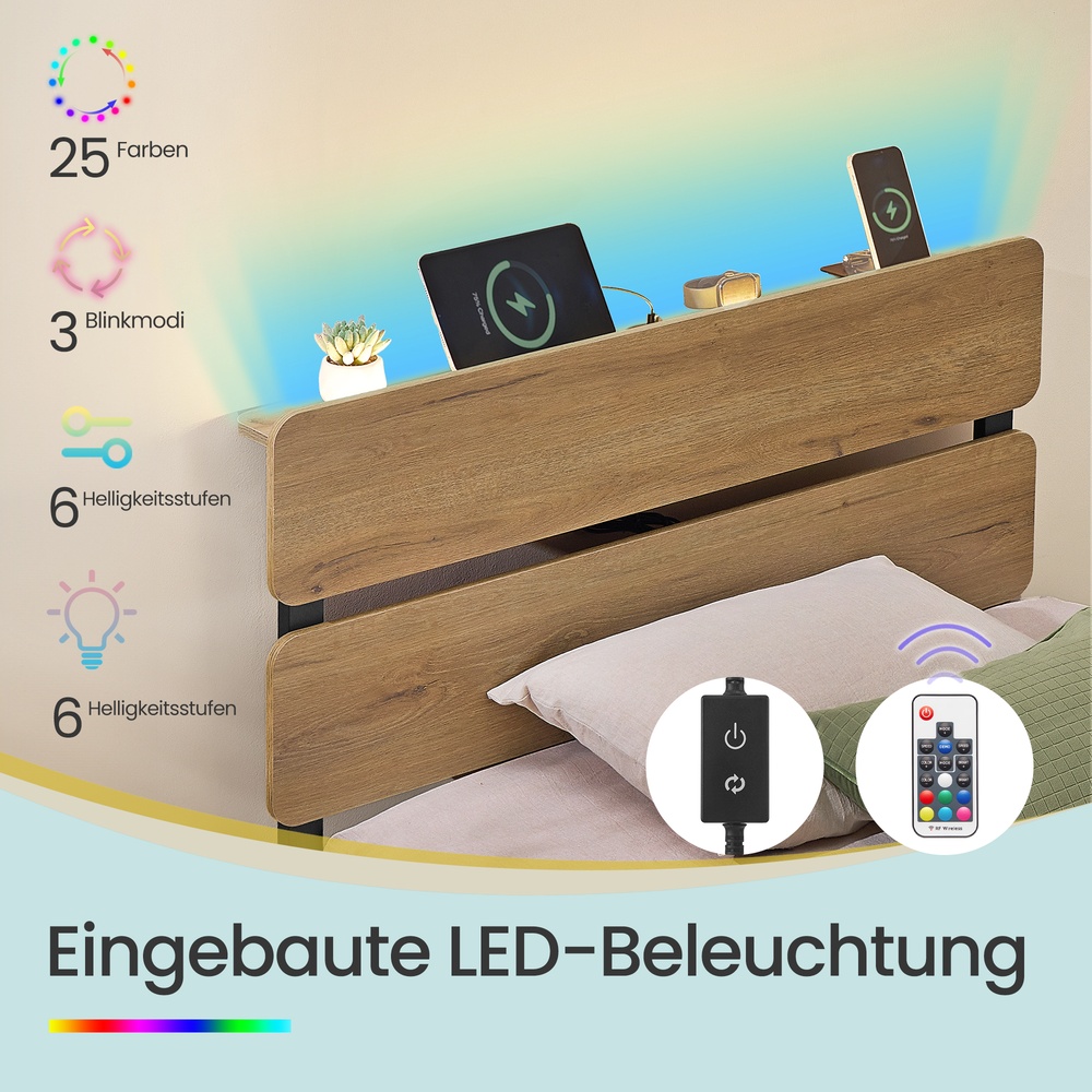 Viengulės lovos rėmas 90 x 200 cm, plieninis, rudas, su LED apšvietimu - Image 6