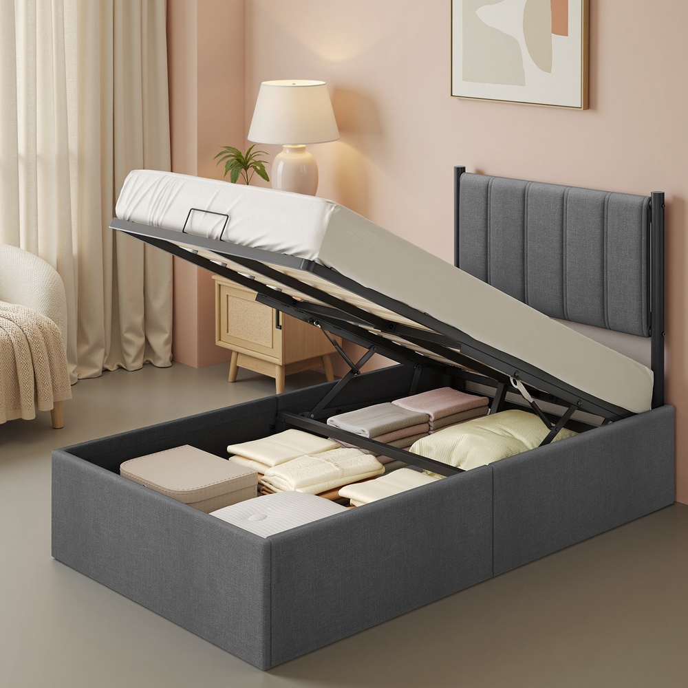 Gultas rāmis 90 x 200 cm ar paceļamu redeļu pamatni, galvgali un glabātuvi, pelēks - Image 3