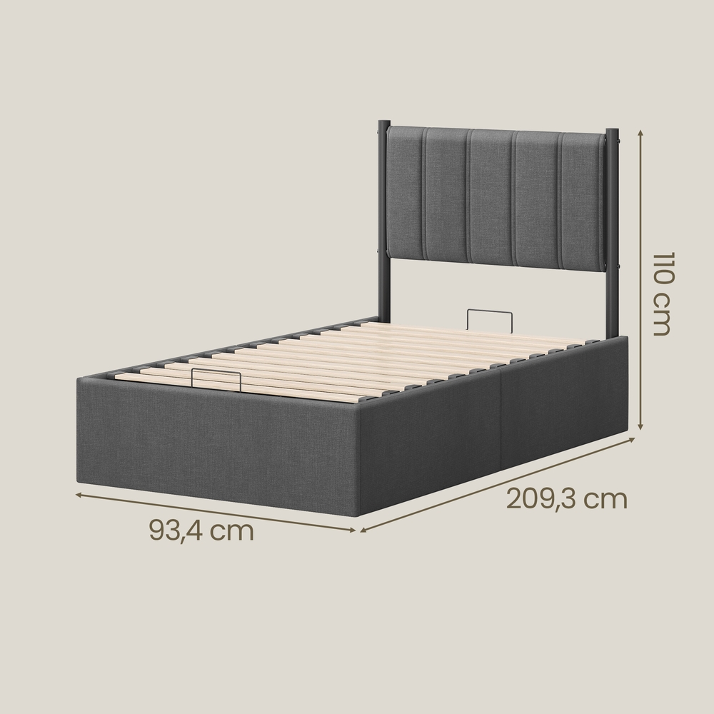 Gultas rāmis 90 x 200 cm ar paceļamu redeļu pamatni, galvgali un glabātuvi, pelēks - Image 4