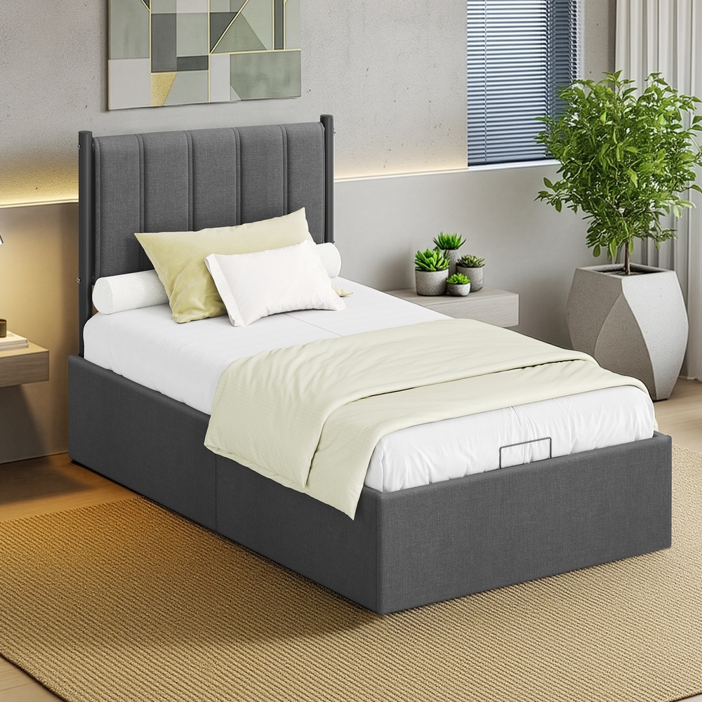 Gultas rāmis 90 x 200 cm ar paceļamu redeļu pamatni, galvgali un glabātuvi, pelēks - Image 6