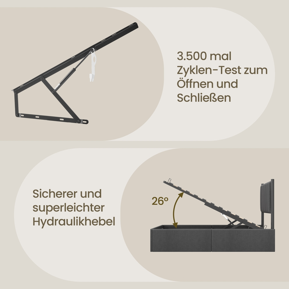 Gultas rāmis 90 x 200 cm ar paceļamu redeļu pamatni, galvgali un glabātuvi, pelēks - Image 7