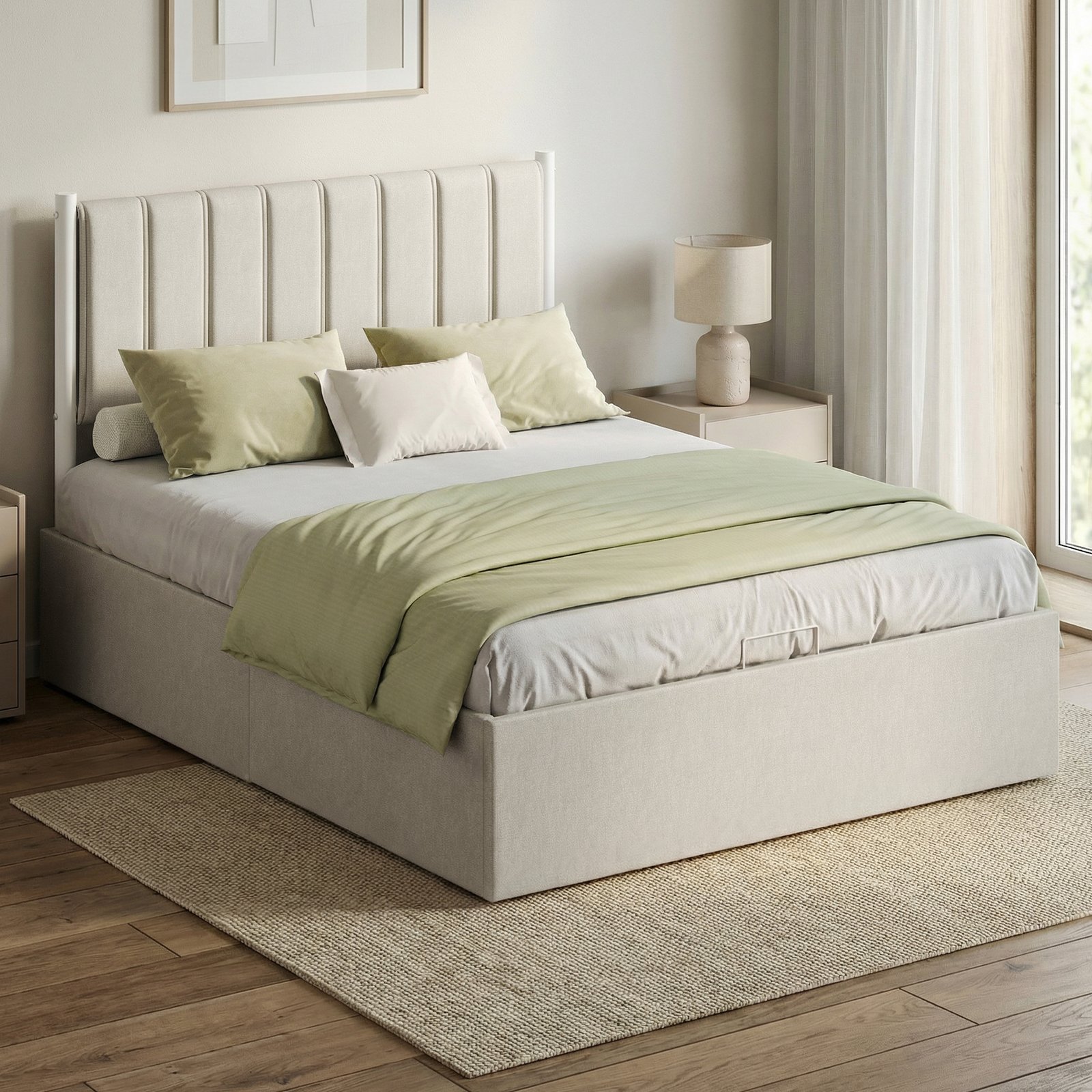 Lovos rėmas 140 x 200 cm, pakeliamas grotelių pagrindas, galvūgalis, smėlio spalvos - Image 3