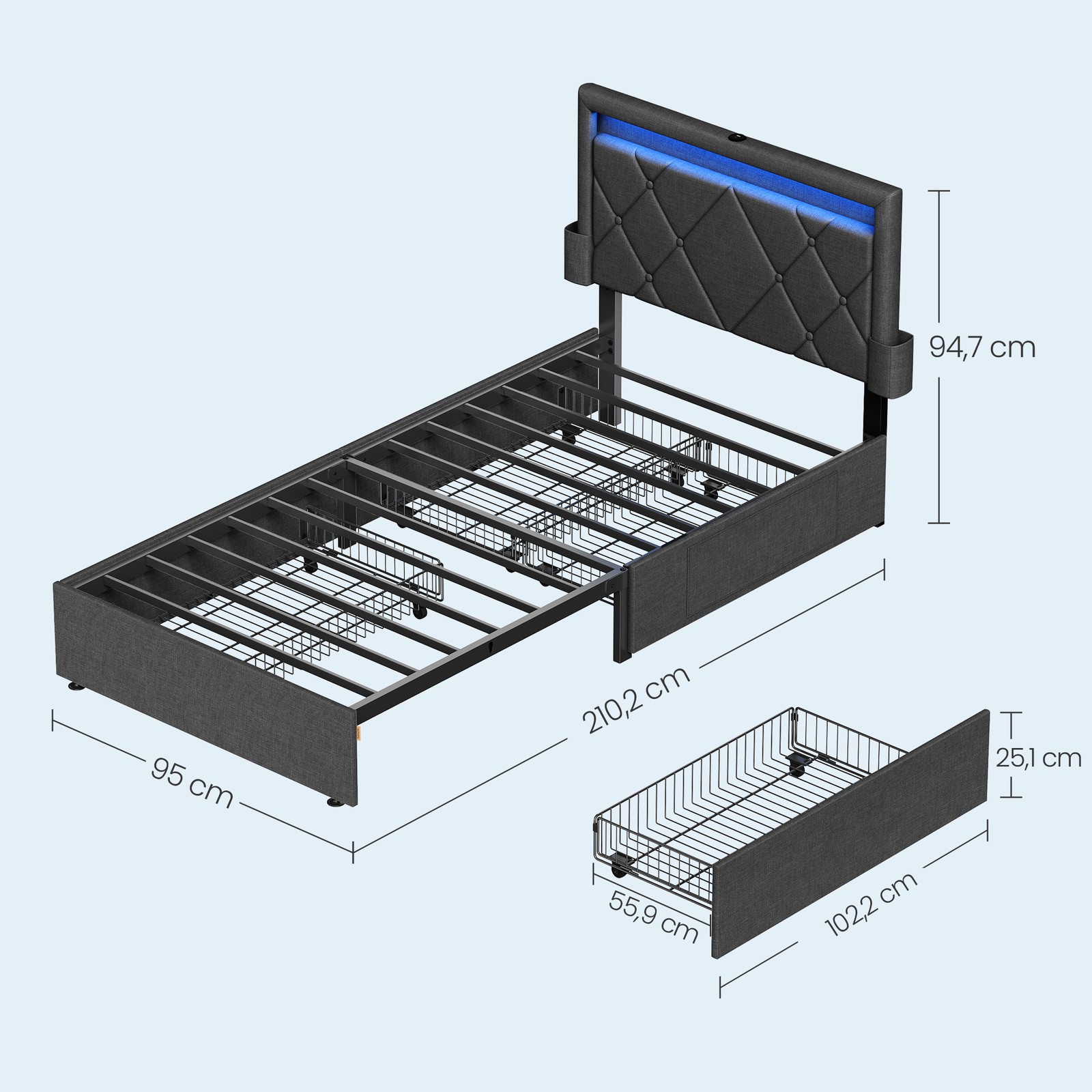 Gultas rāmis 90 x 200 cm ar apgaismojumu, pelēks, tērauds un lina imitācija - Image 8