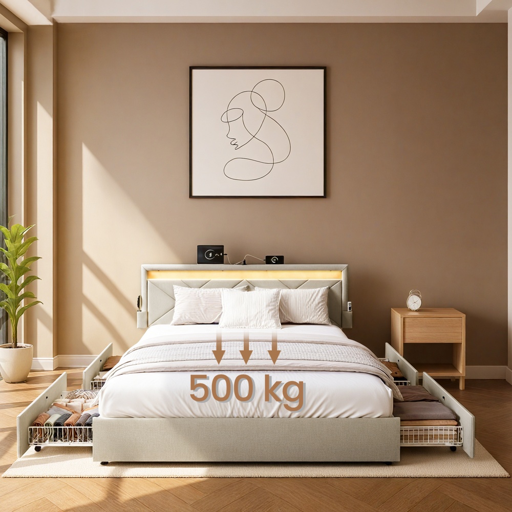 Voodiraam 140 x 200 cm valgustuse, 4 sahtli ja reguleeritava peatsiga, beež