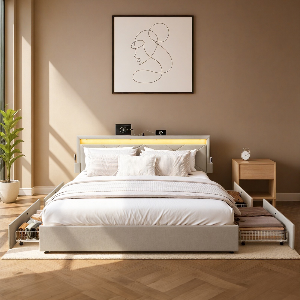 Sänkyrunko 160 x 200 cm valaistuksella, 4 laatikolla ja säädettävällä päädyllä, beige - Image 3