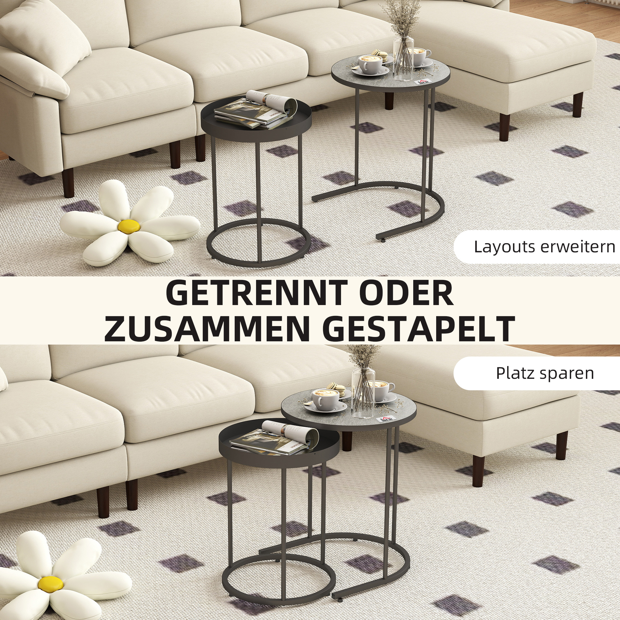 2-osainen sisäpöytäsarja, sisäkkäin työnnettävä, tarjotintyylinen, metalli, harmaa - Image 4