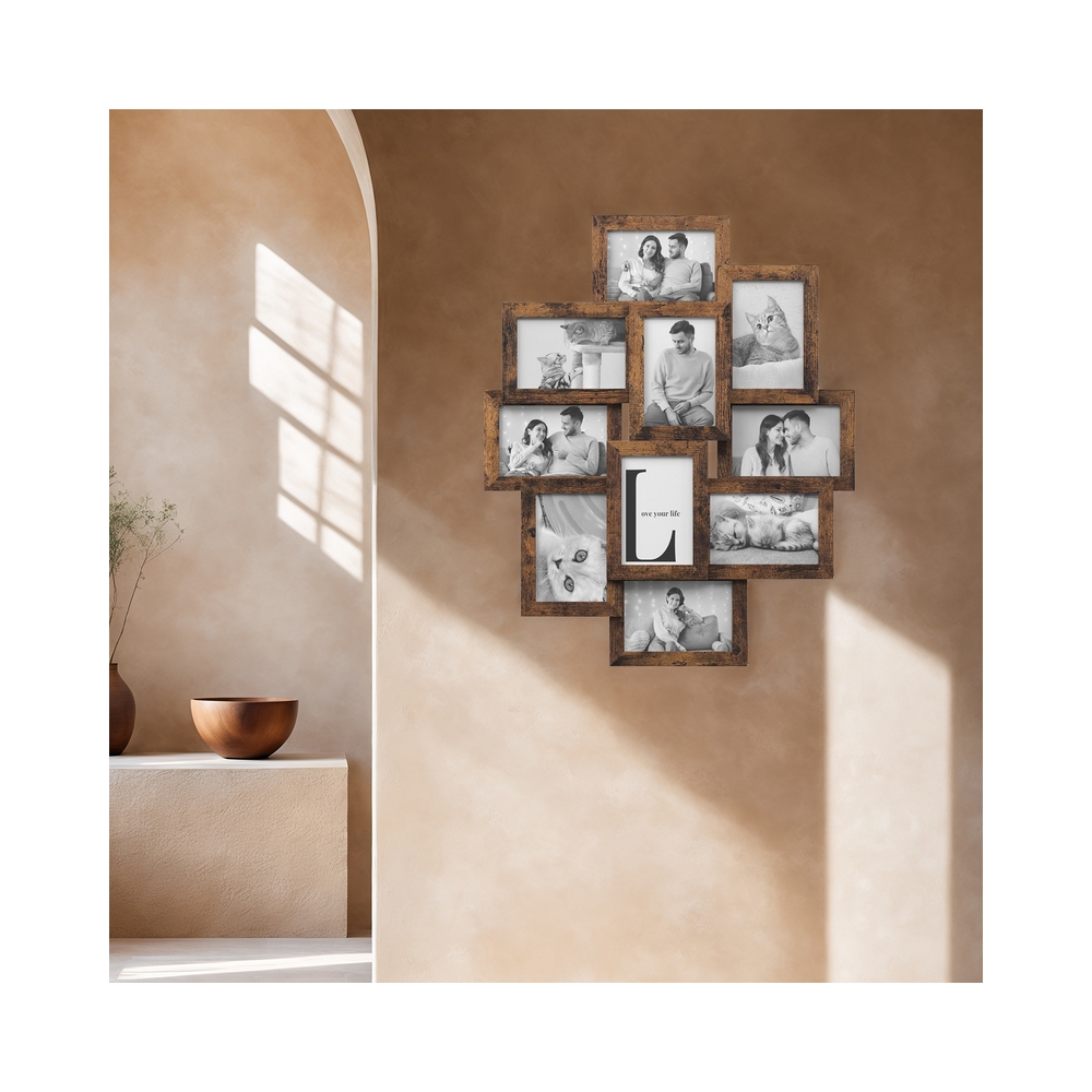 Foto rāmju kolāža 10 fotogrāfijām, 60 x 49,3 x 3,6 cm, vintage brūna