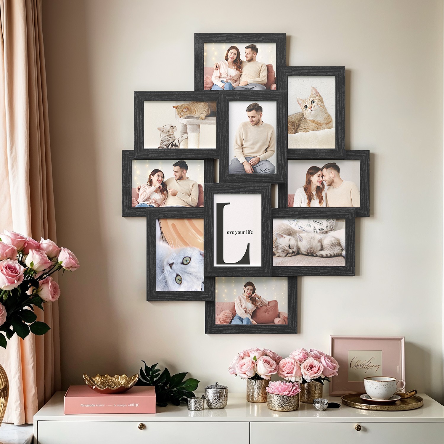 Foto rāmju kolāža 10 fotogrāfijām, 60 x 49,3 x 3,6 cm, melna