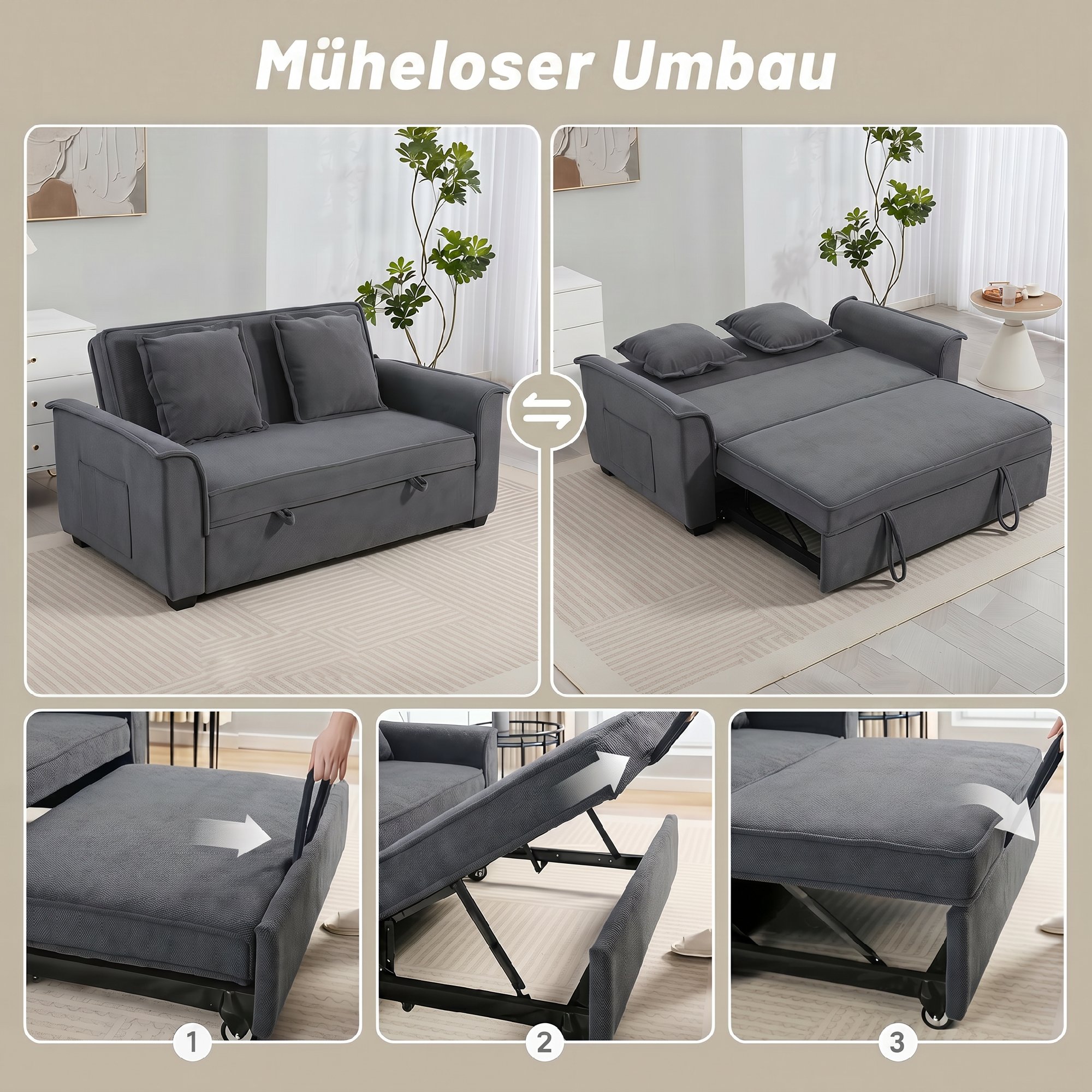 Futono miegamoji sofa, reguliuojama atlošo dalis, 2 vietų, 2 pagalvės, tamsiai pilka - Image 4