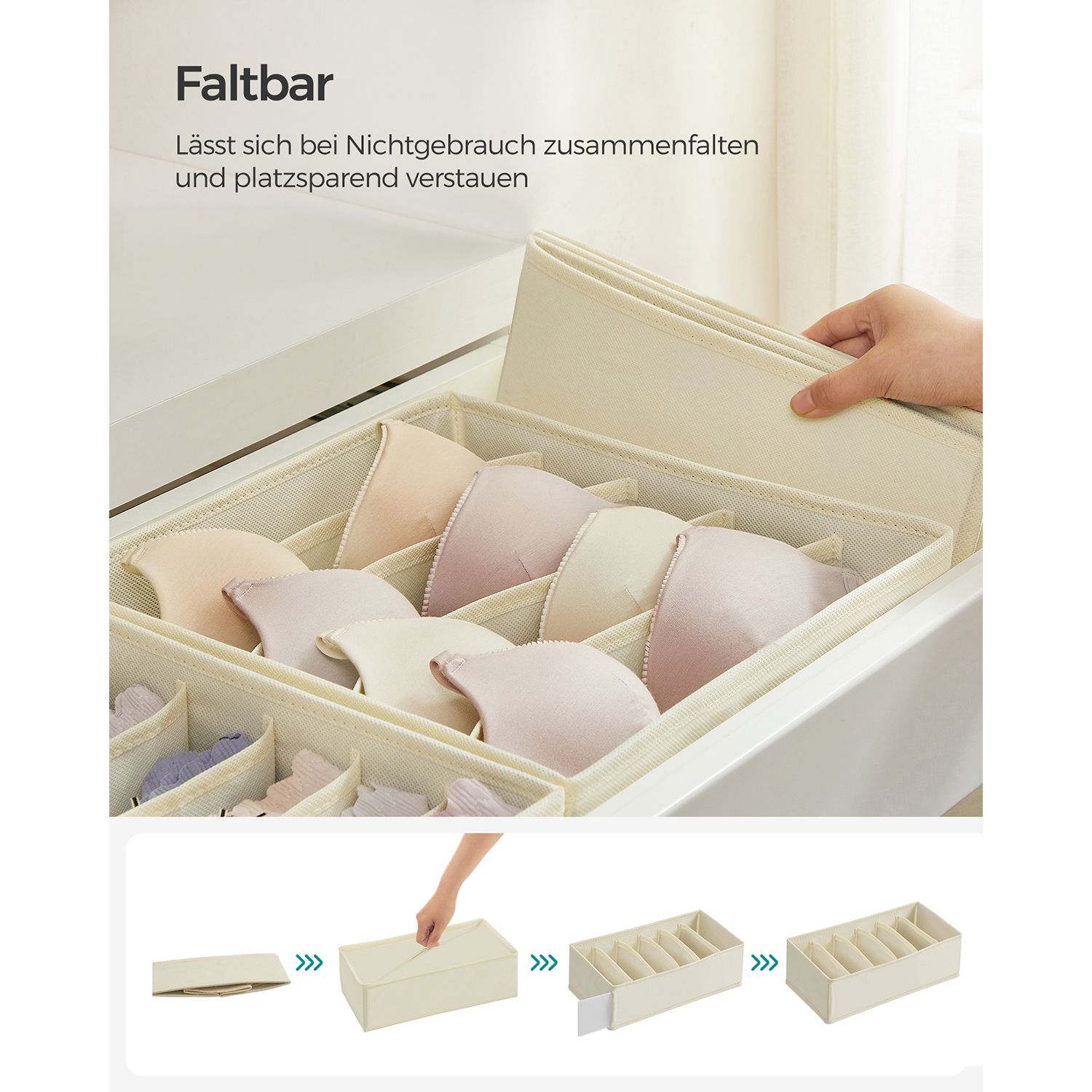 Alusvaatejärjestäjäsarja, 8 osaa, beige, kangaslaatikot lokeroilla - Image 7