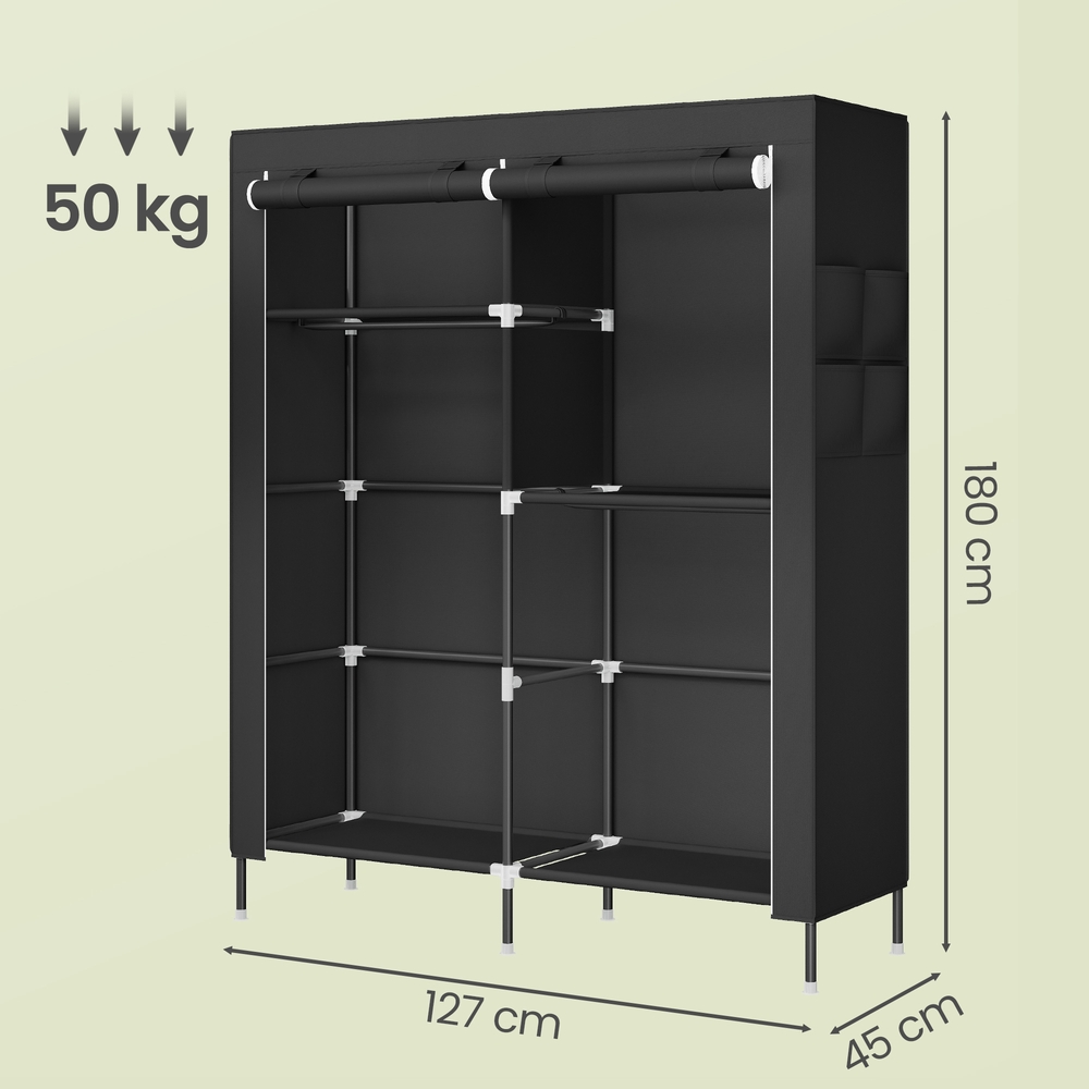 Auduma drēbju skapis ar drēbju stieni un sānu kabatām, 45 x 127 x 180 cm, melns - Image 3