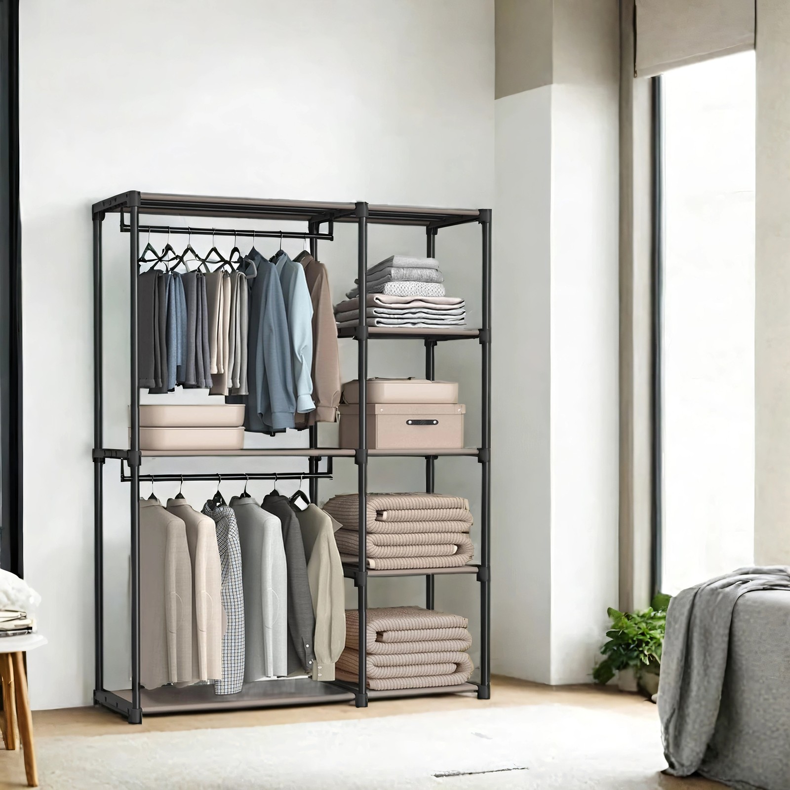 Avoin vaatekaappi vaatetangoilla, taupe, 43 x 124 x 182 cm