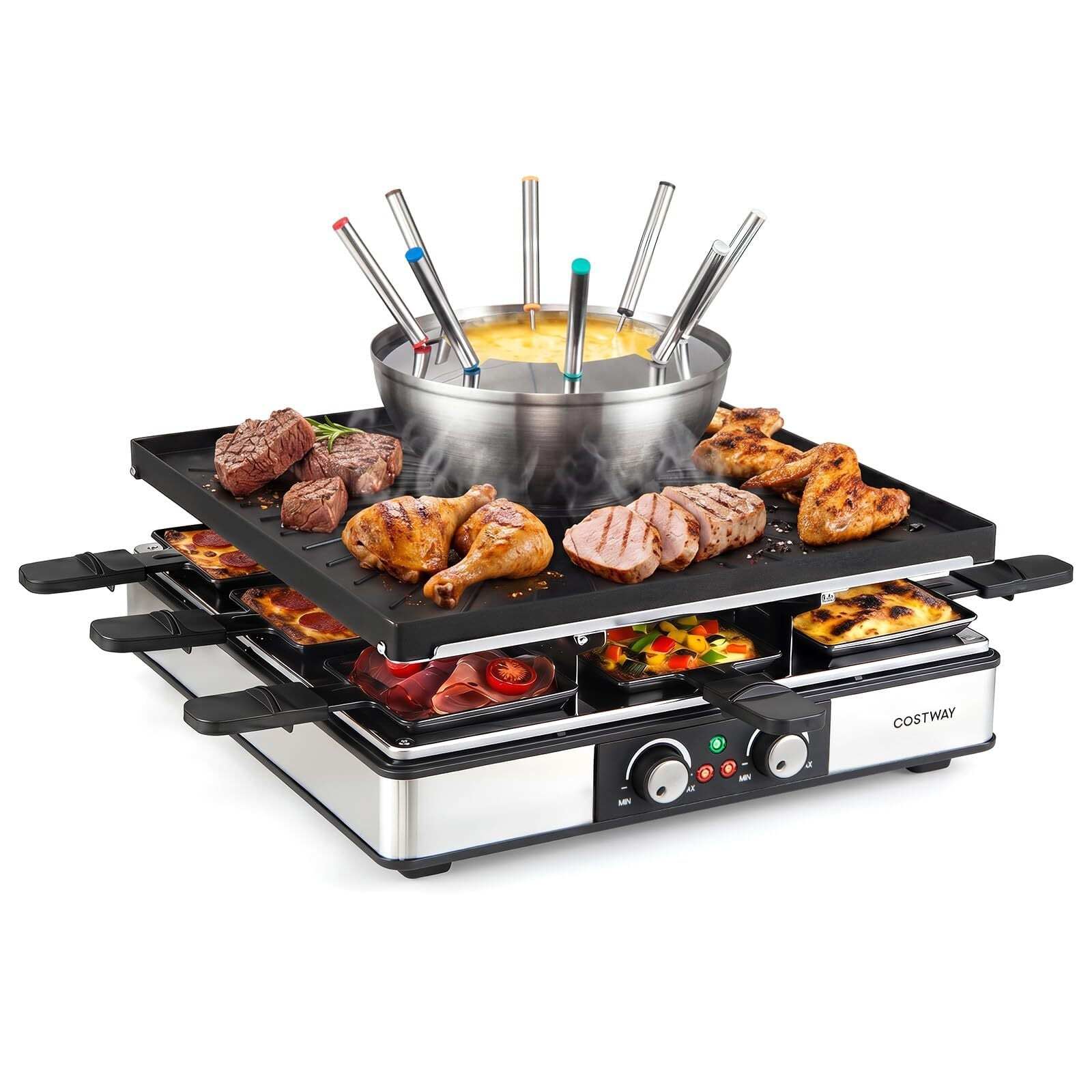 Raclette-grill fondüüfunktsiooniga, 2200 W, must, 8 inimesele