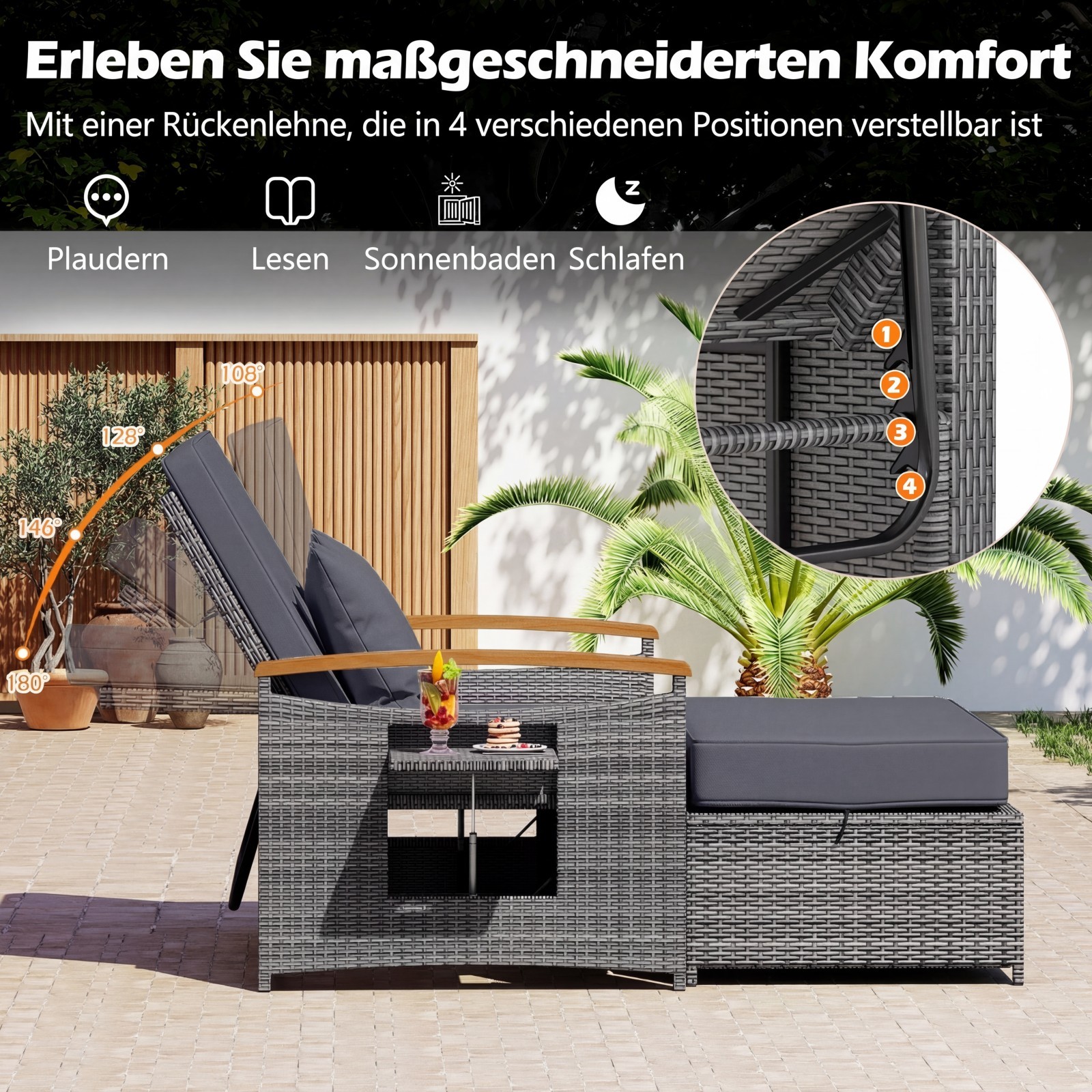 Āra rattan dienas gulta ar pufu un glabāšanas vietu, pelēka - Image 7
