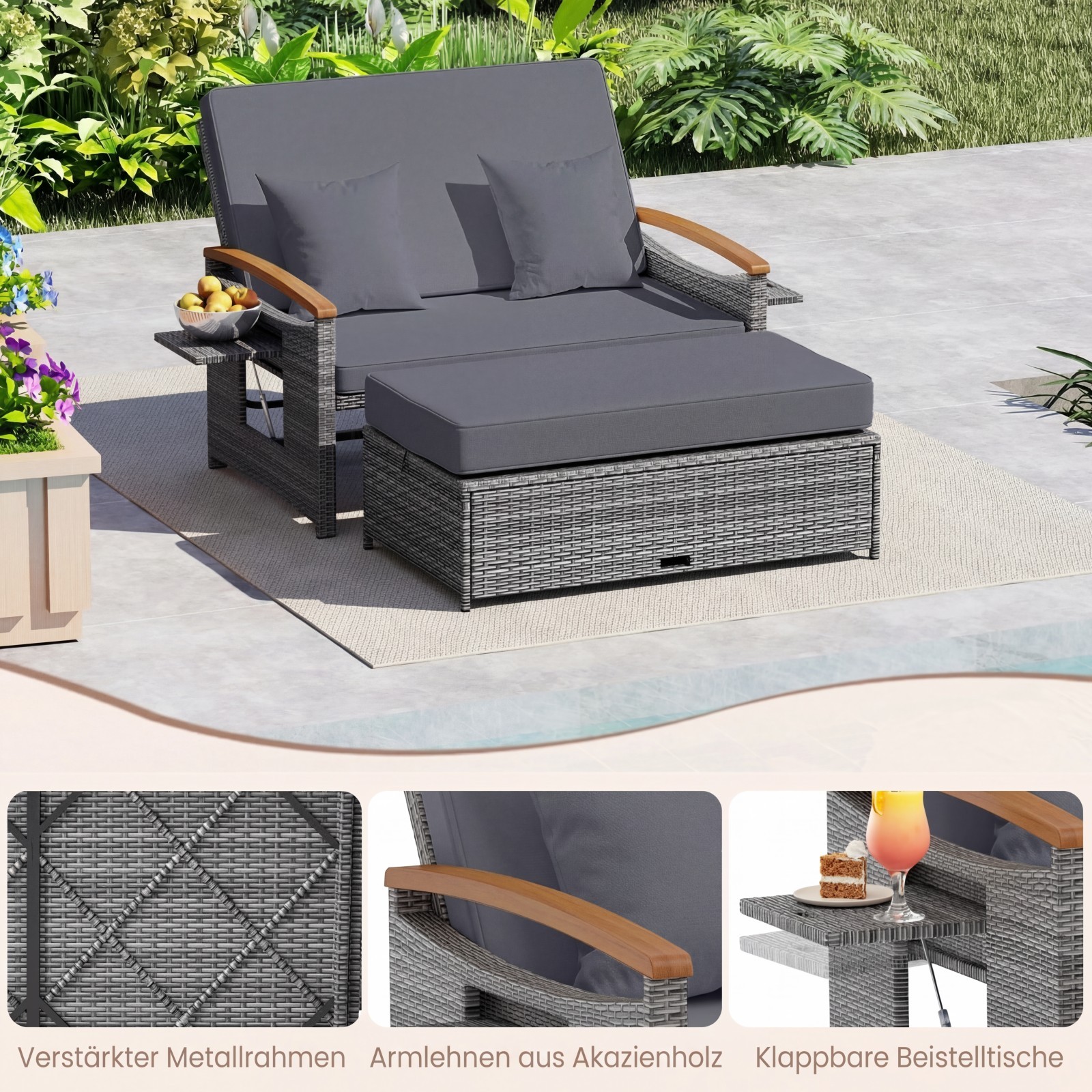 Āra rattan dienas gulta ar pufu un glabāšanas vietu, pelēka - Image 3