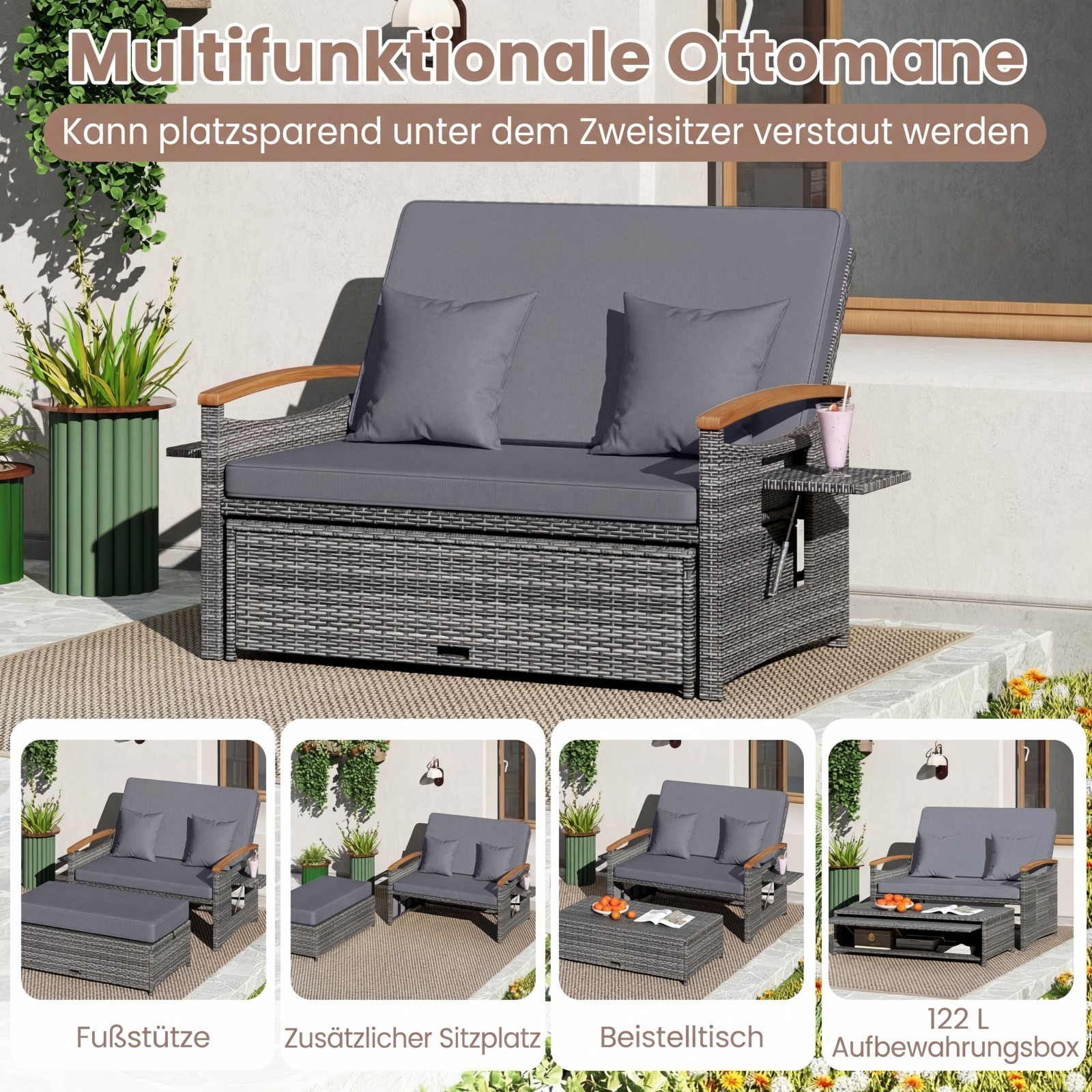 Āra rattan dienas gulta ar pufu un glabāšanas vietu, pelēka - Image 2