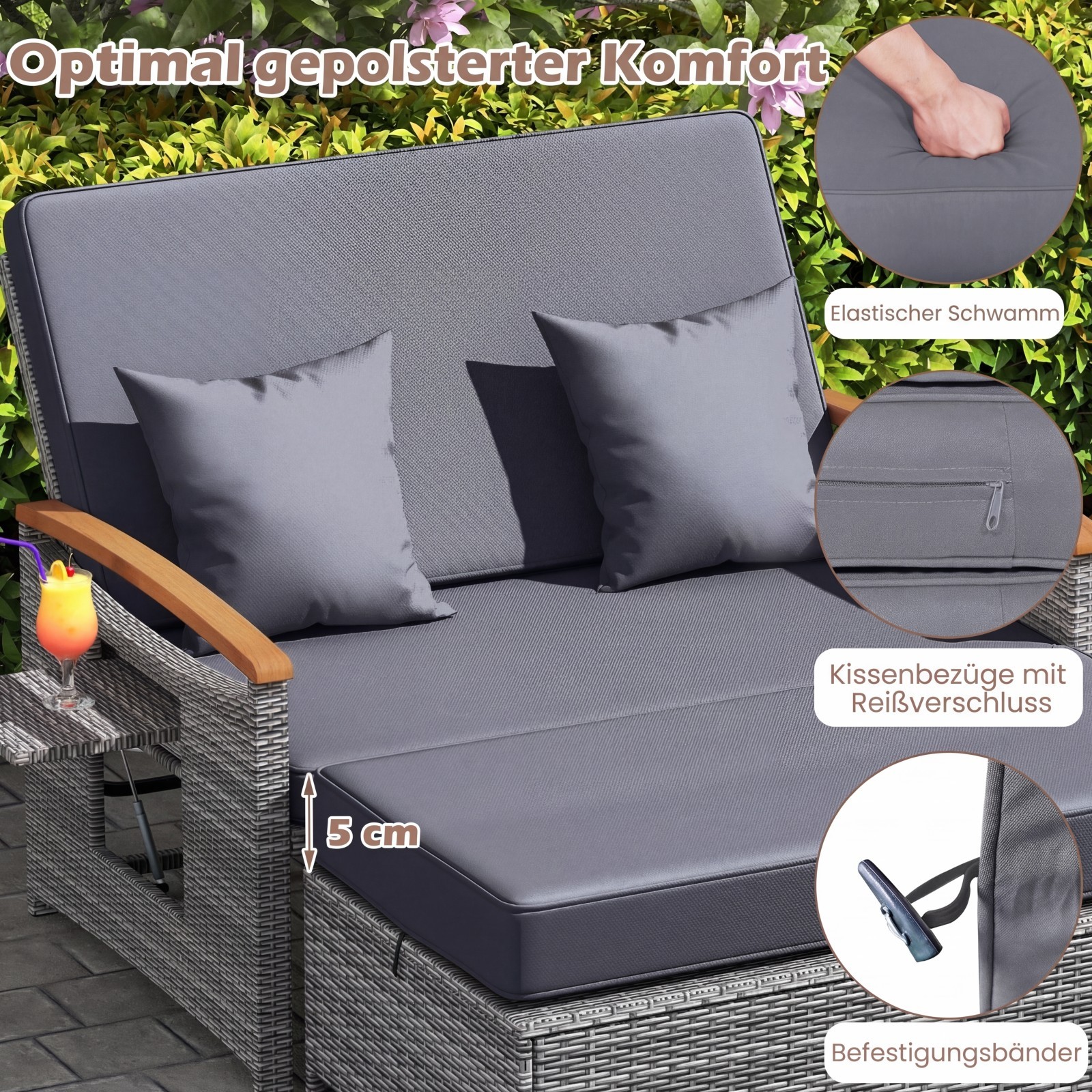 Āra rattan dienas gulta ar pufu un glabāšanas vietu, pelēka - Image 6
