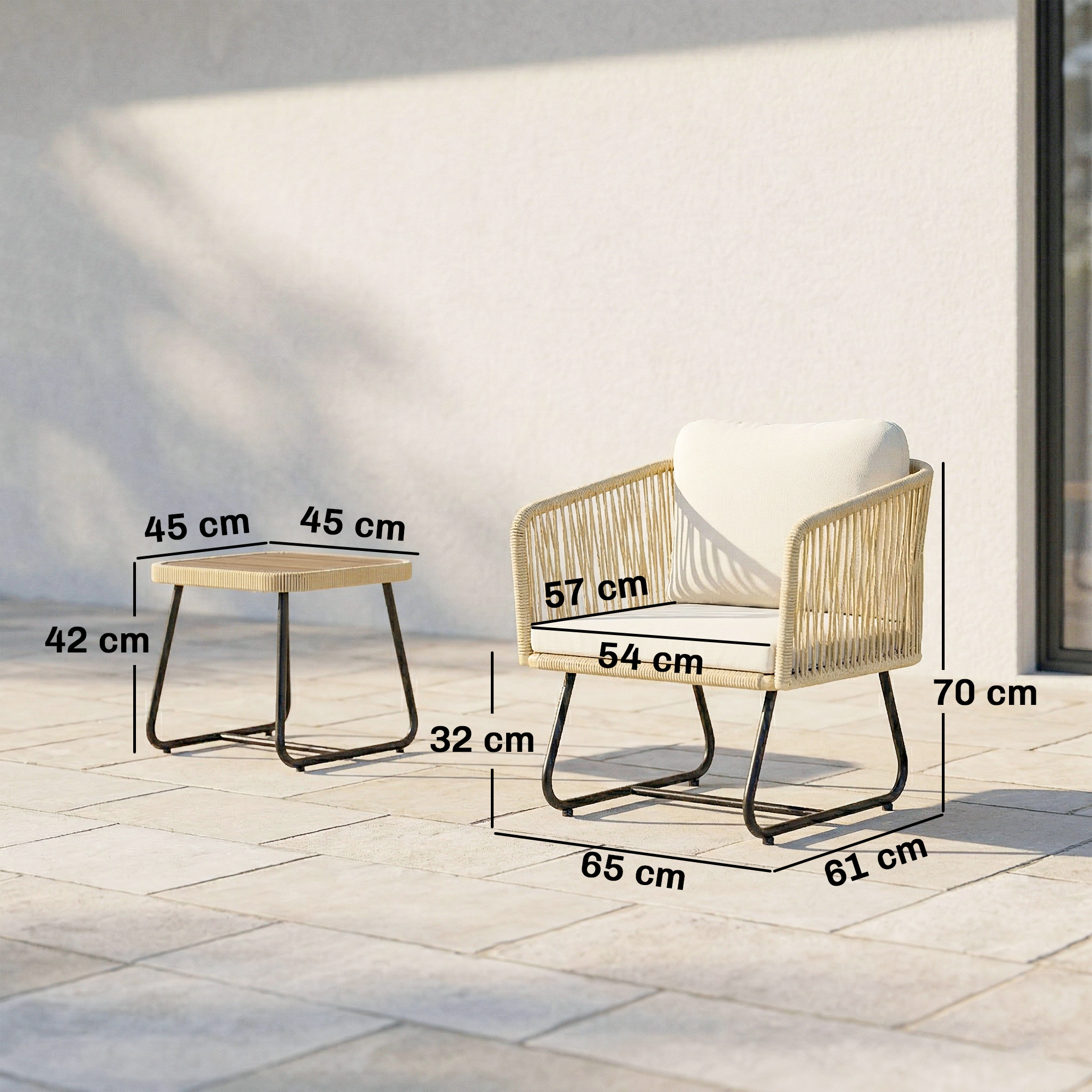3-osainen rotinkinen bistrosetti, beige, luonnonvalkoinen ja teak-sävy, 65 x 61 x 70 cm - Image 3