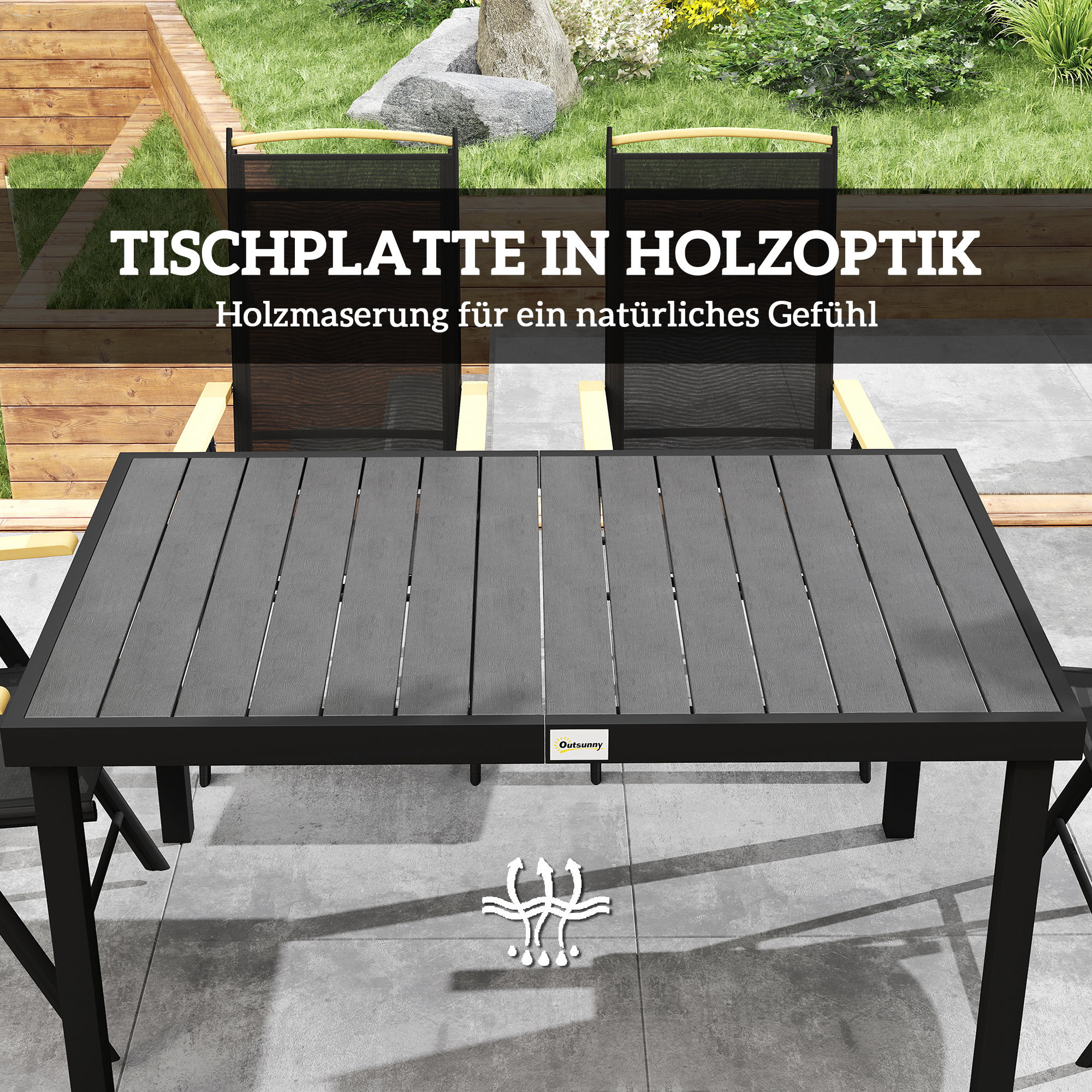 Taitettava puutarhan ruokailuryhmä 6 hengelle, musta, alumiini, 1 pöytä + 6 tuolia - Image 7