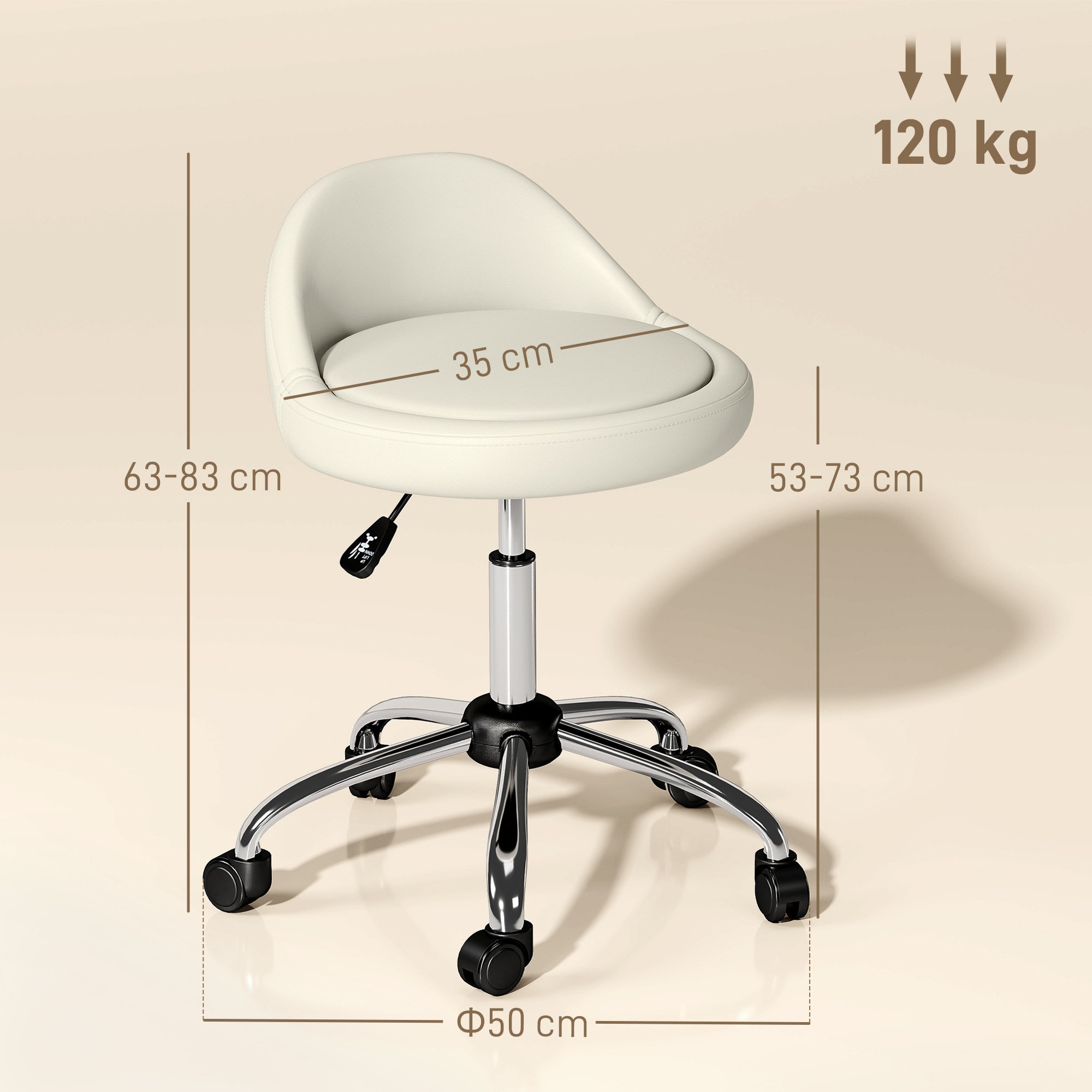 Regulējama augstuma taburete ar ritentiņiem, balta, Ø50 x 63-83 cm - Image 3